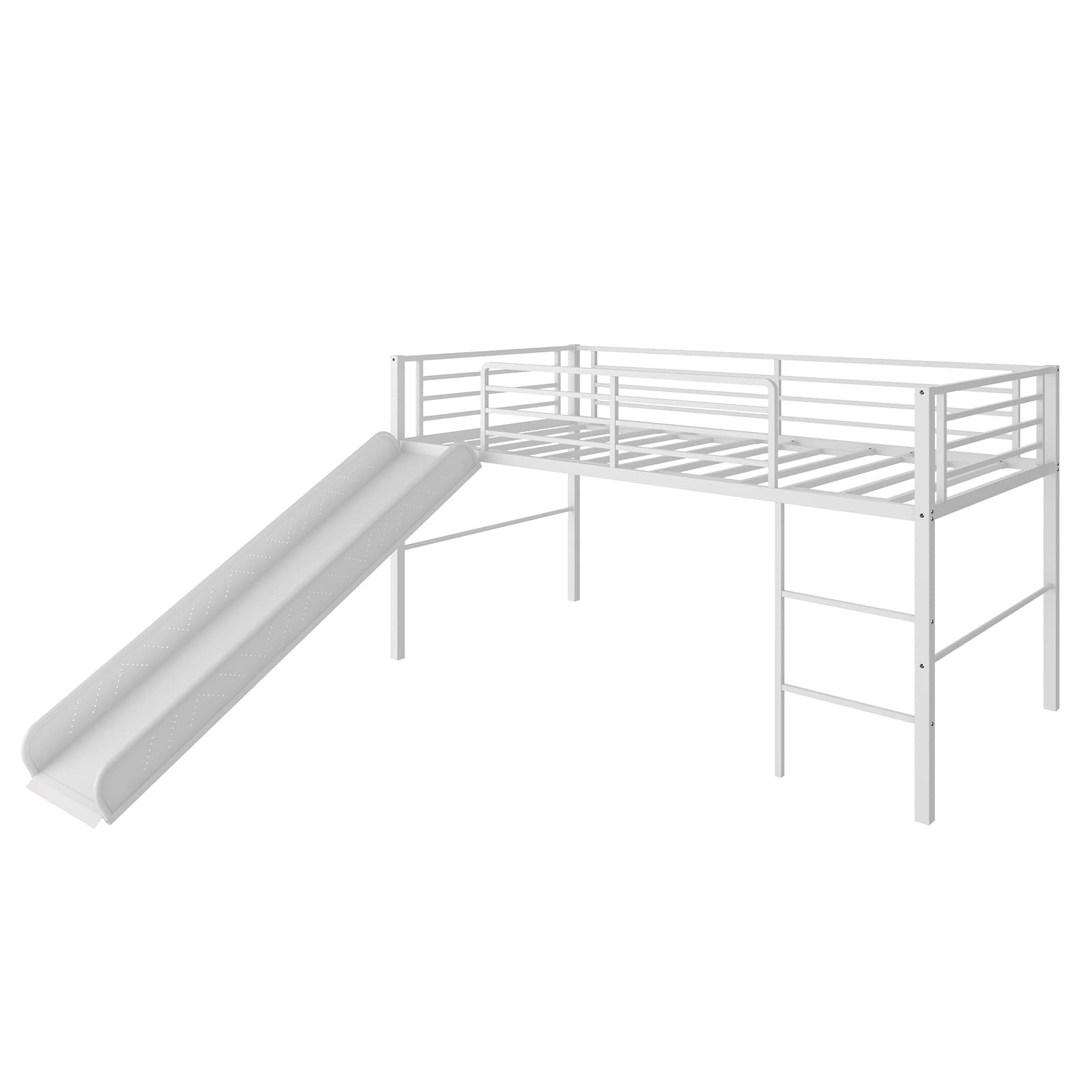 Giantex Twin Loft Bed with Slide - Sturdy Metal Low Bunk Bed with Safety Guardrails & Built-in Ladder - Kids Floor Bed Frame for Boys & Girls - No Box Spring Needed - White - Perfect for Small Bedrooms, Playrooms & Sleepovers