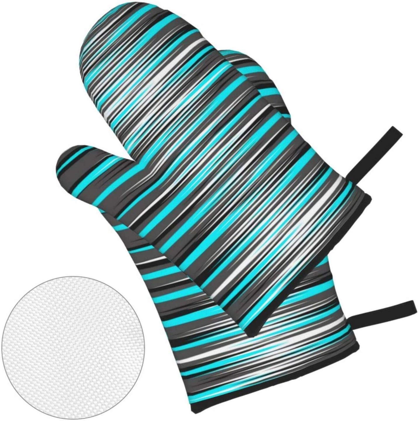 4-Piece Teal Grey White & Black Striped Oven Mitts and Pot Holders Set - Heat Resistant Kitchen Gloves with Non-Slip Hot Pads for BBQ, Baking, Cooking - Perfect for Grilling, Roasting, and Handling Hot Dishes