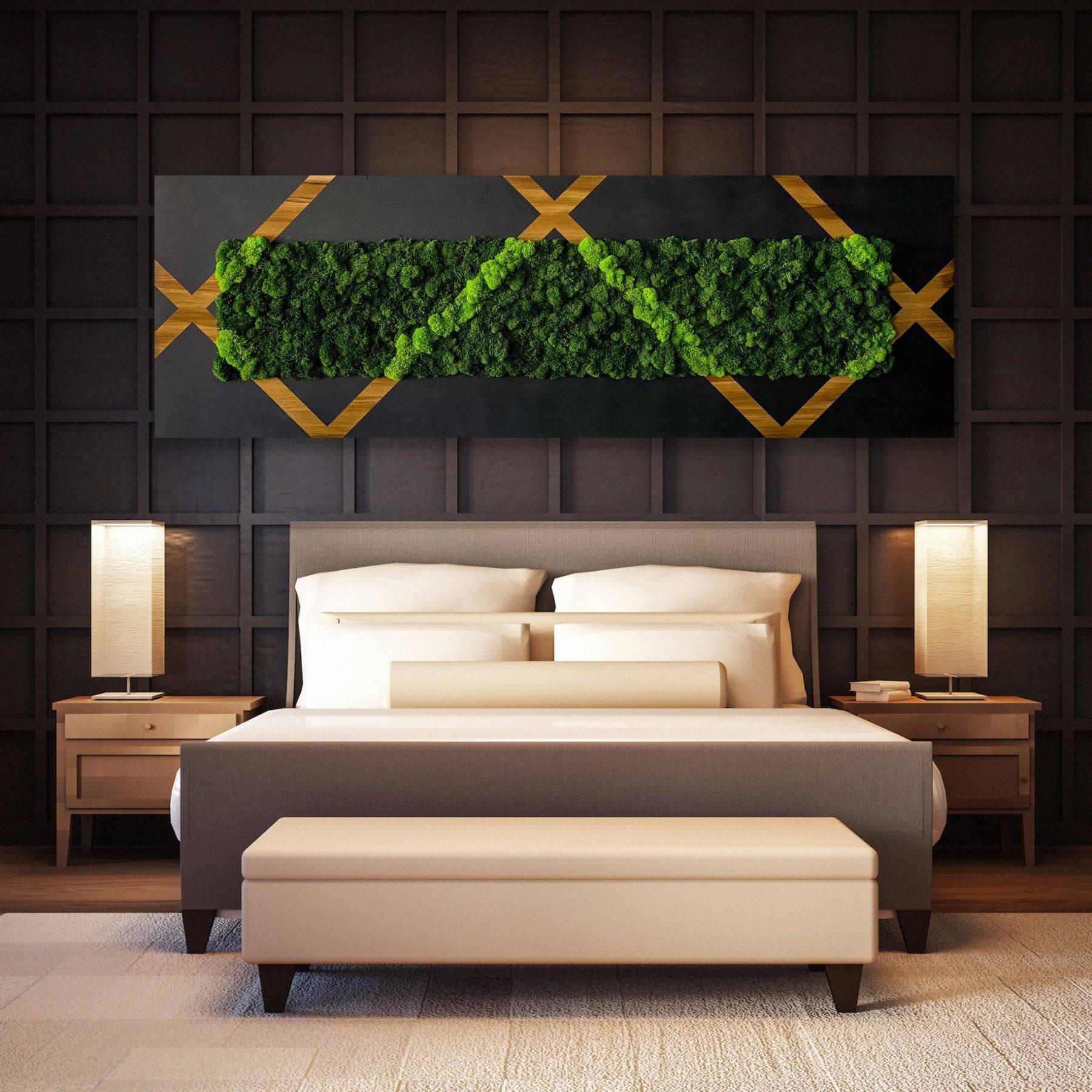 Crisscross Preserved Moss Wooden Wall Decor - Natural Botanical Home Art for Living Room, Bedroom & Office - Eco-Friendly Indoor Decoration