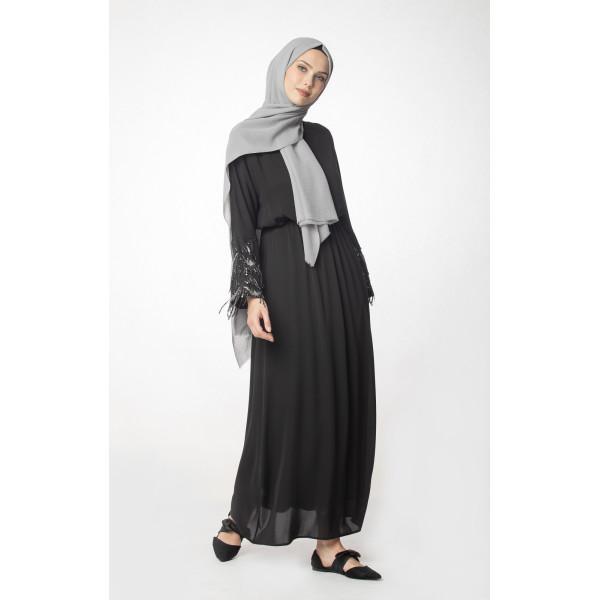 Elegant Abaci Modest Sequined Cocktail Dress 12956 in Black | Perfect for Evening Parties, Weddings & Special Occasions