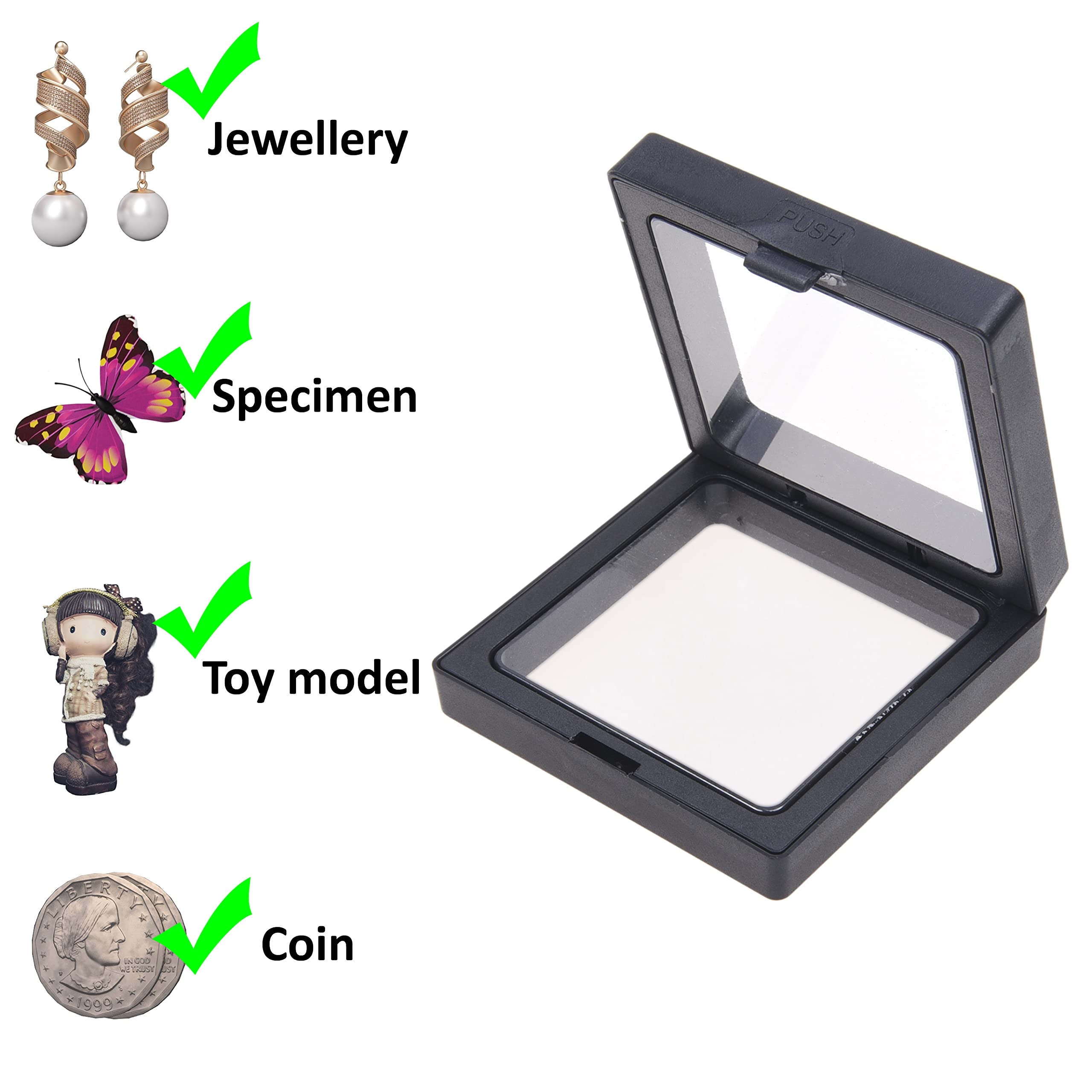 Eco-Friendly 3D Transparent Floating Frame Set of 10 - Suspension Display Case for Collectibles, Memorabilia & Home Decor - Perfect for Coins, Jewelry, Medals, Gemstones (Black) | Ideal for Showcasing Collections, Gift Presentation & Wall Decor