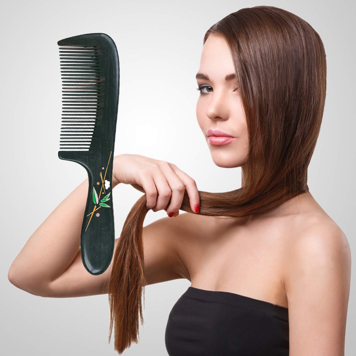 Natural Sandalwood Wooden Hair Comb for Women & Kids - Detangling Fine Tooth Comb with Dressing Mirror, Anti-Static, Black | Perfect for Daily Hair Care, Travel, and Salon Use