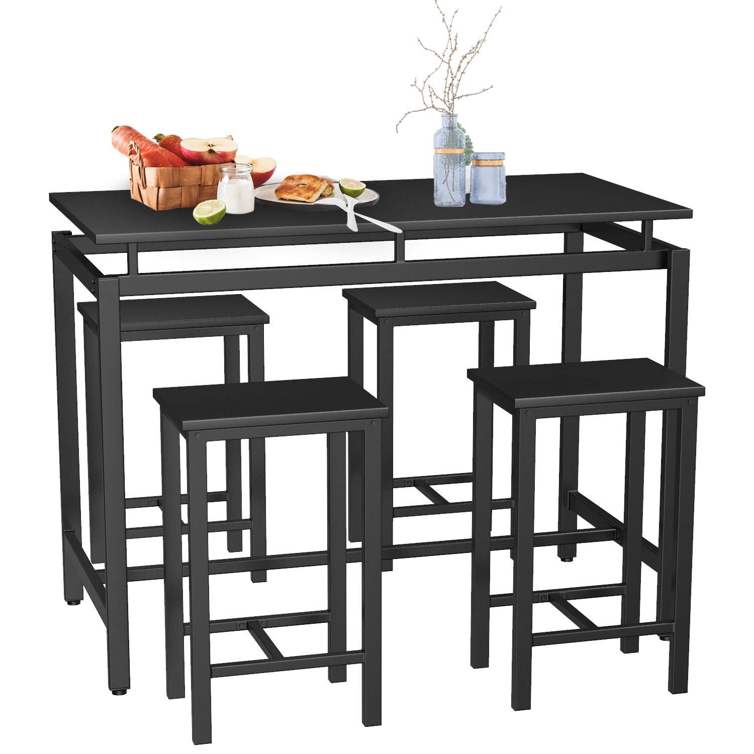 HomVent 5-Piece Modern Counter Height Dining Table Set - Wooden Kitchen Bar Table & 4 Chairs for Small Spaces, Restaurants & Home Use (Black) | Perfect for Breakfast Nooks, Compact Kitchens & Cozy Dining Areas