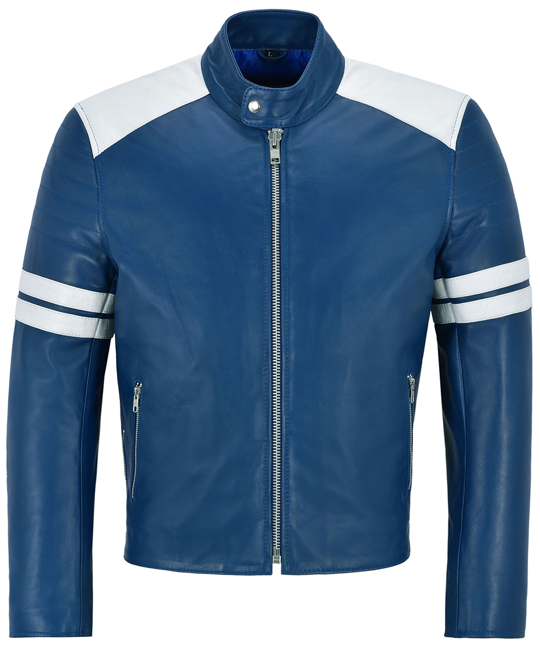 Men's Mayhem Genuine Leather Biker Jacket - Blue & White Stripe Motorcycle Style for Riding & Casual Wear