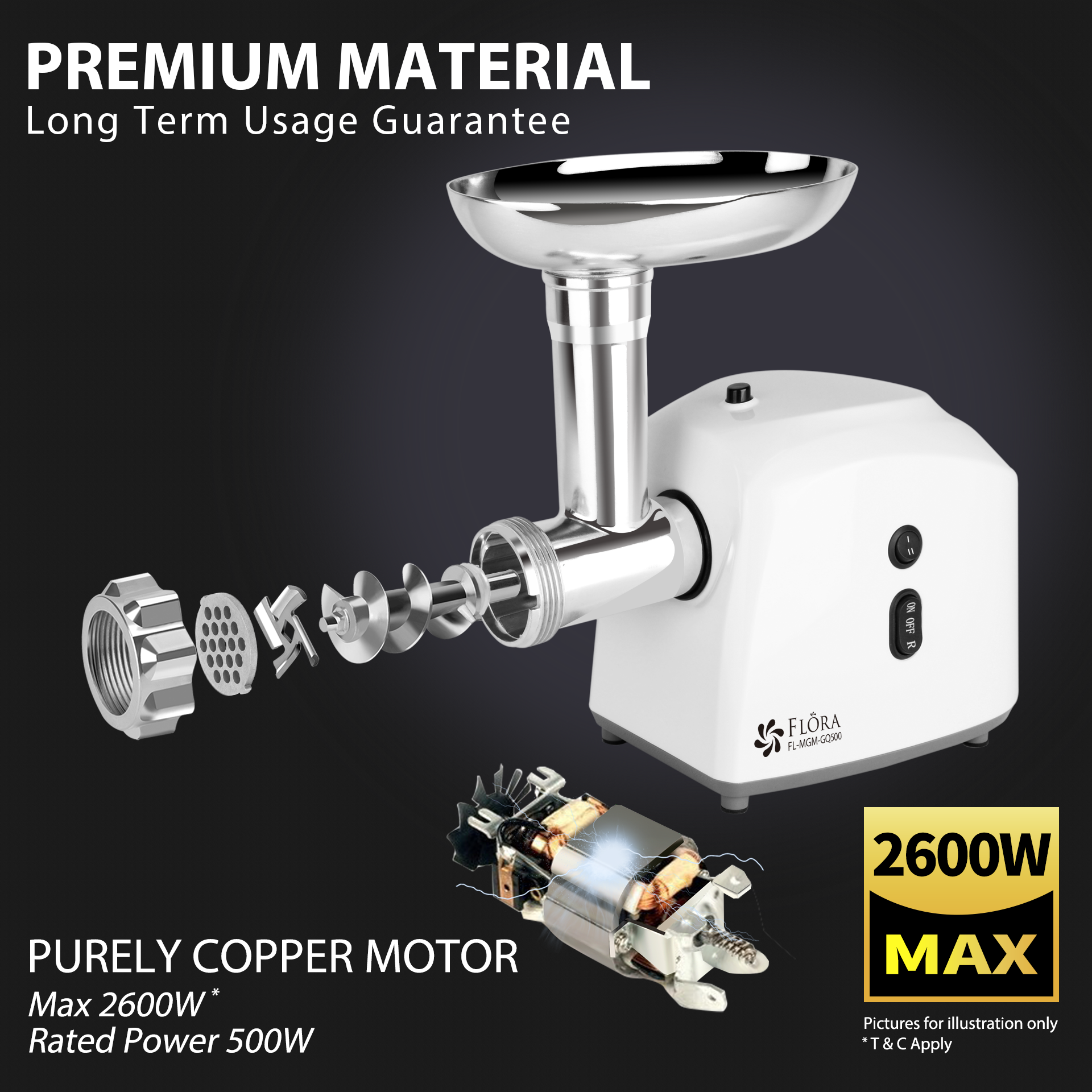 Premium Flora White Electric Meat Grinder & Slicer - 3-in-1 Mincer, Shredder & Sausage Stuffer Kit for Home Kitchen - Perfect for Ground Beef, Sausage Making & Food Prep