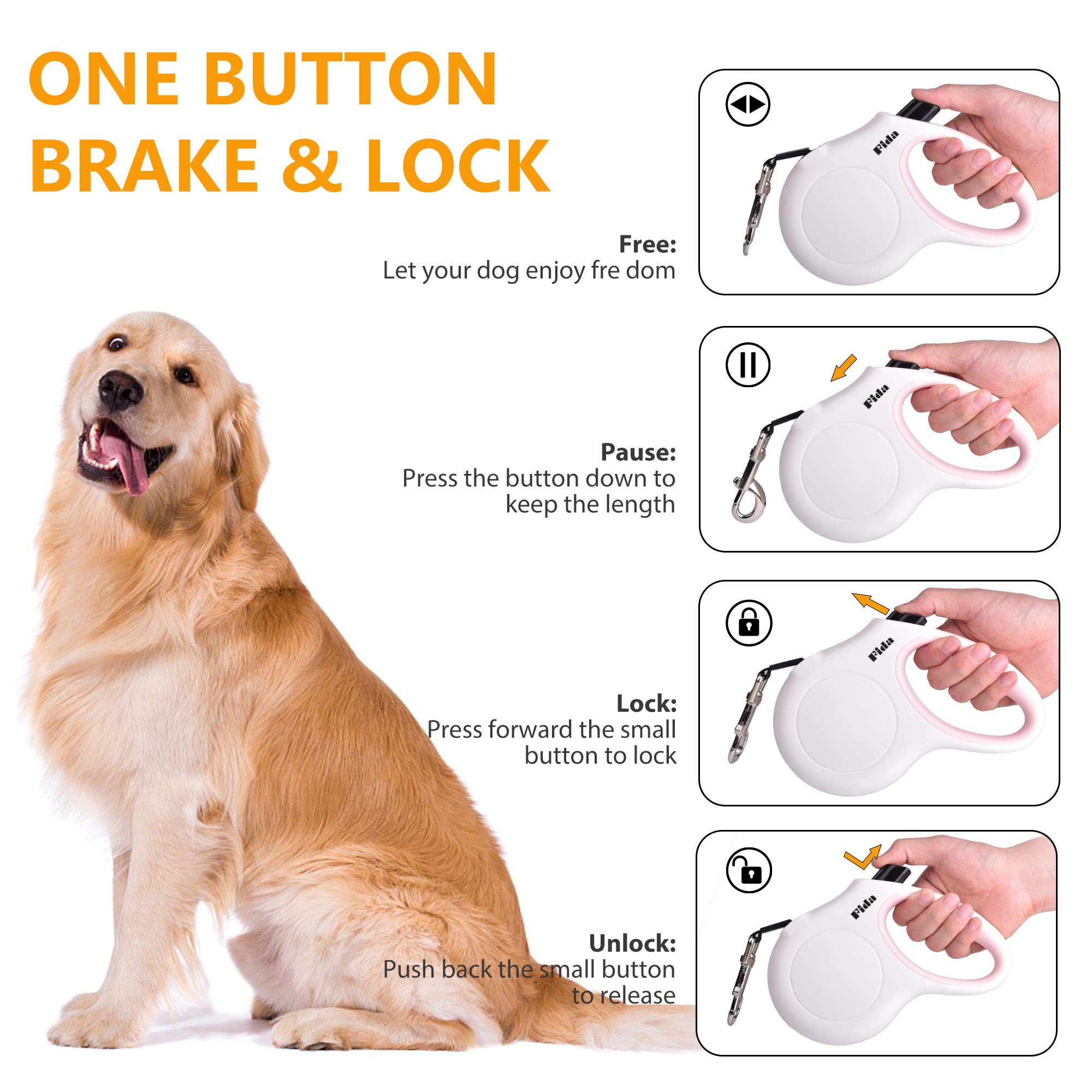 Fida 16ft Retractable Dog Leash with Poop Bag Dispenser - Heavy Duty Pet Walking Leash for Large Dogs up to 110 lbs - Anti-Slip Handle & Tangle-Free Reflective Nylon Tape - Perfect for Park Walks, Hiking & Nighttime Safety (Large, White)