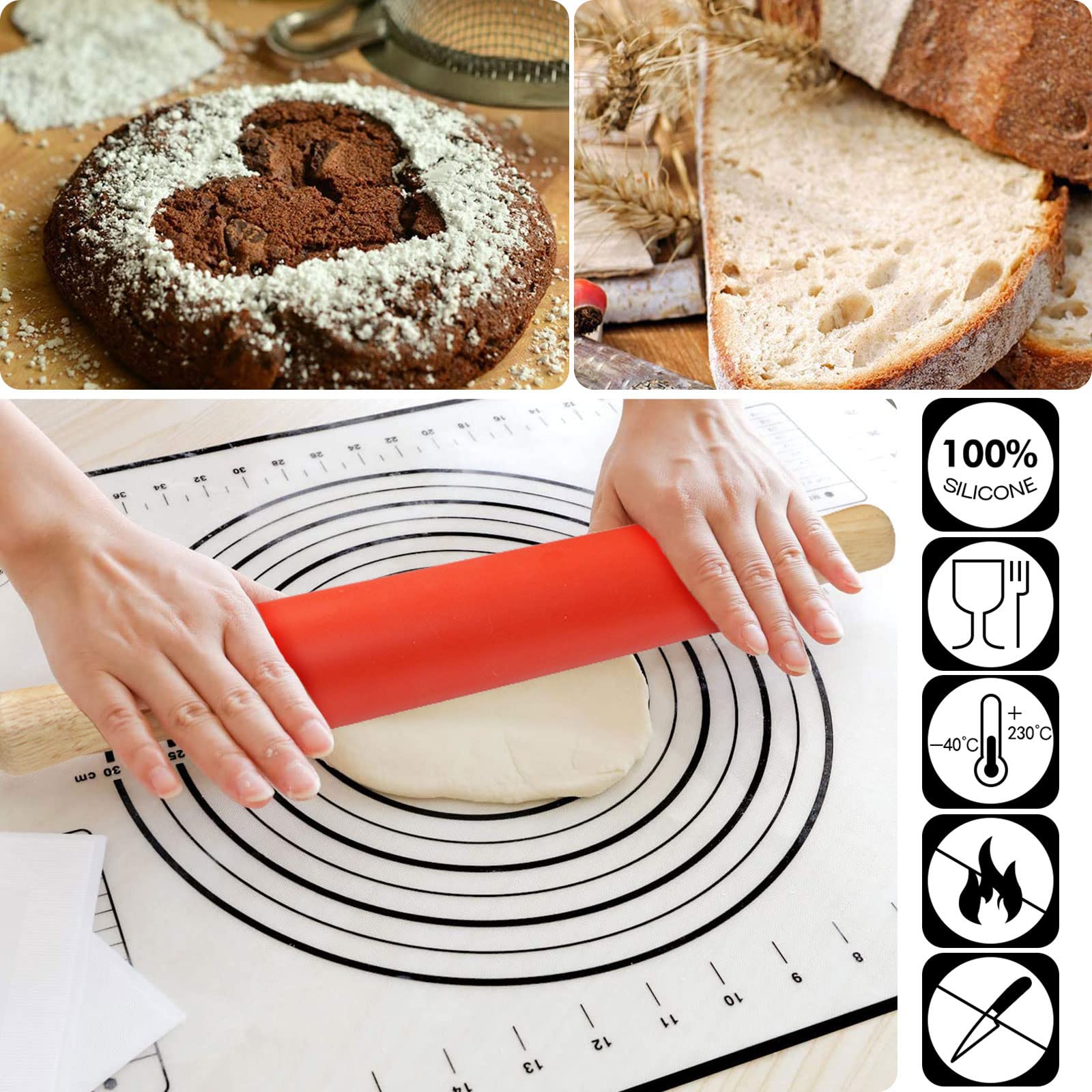 Non-Stick Silicone Rolling Pin with Wooden Handle - 17 Inch Professional Dough Roller for Pastry, Pizza & Fondant | Includes Smooth Baking Mat | Perfect Kitchen Gift for Bakers & Home Cooks | Ideal for Baking, Cookie Making & Cake Decorating