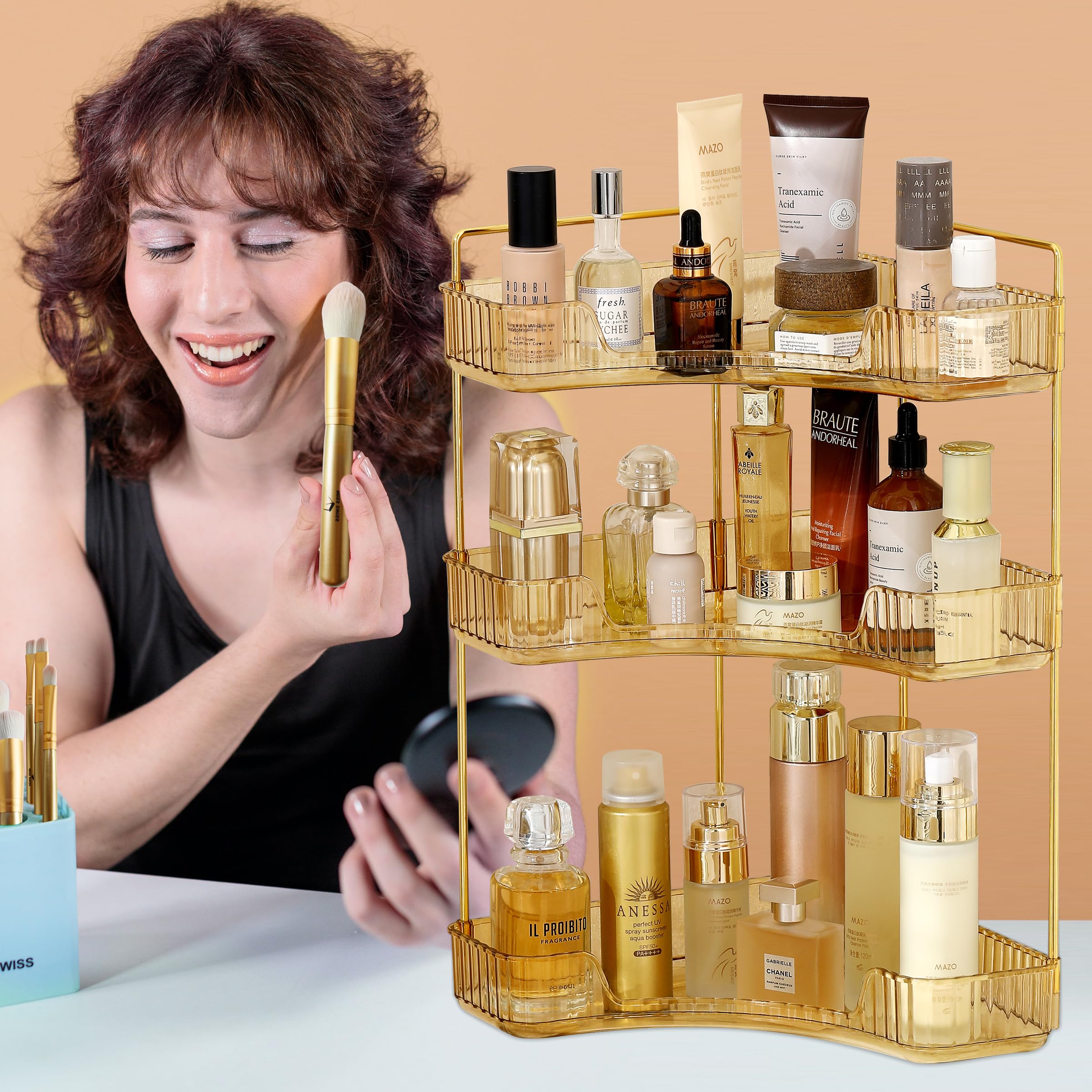 3-Tier Gold Corner Bathroom Counter Organizer - Vanity Makeup & Perfume Tray for Countertop Storage | Perfect for Small Spaces, Apartment Bathrooms & Clutter-Free Vanity Organization