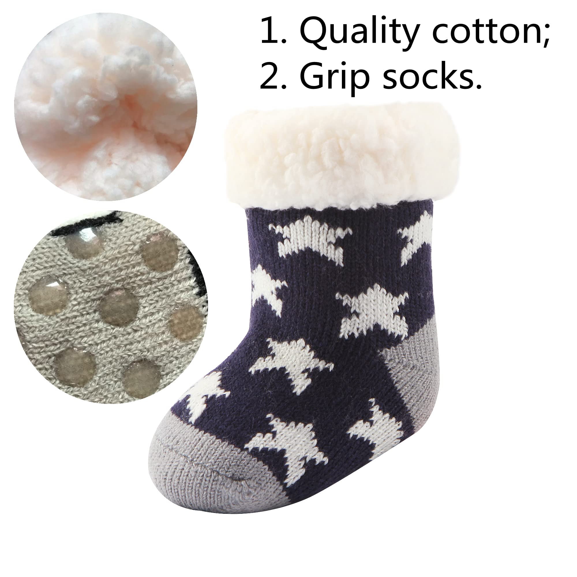 3 Pairs Sherpa-Lined Fuzzy Socks for Toddler Girls & Boys - Non-Slip Grips, Warm Winter Socks for Babies & Kids - Perfect for Christmas Gifts, Indoor Play & Cozy Home Wear