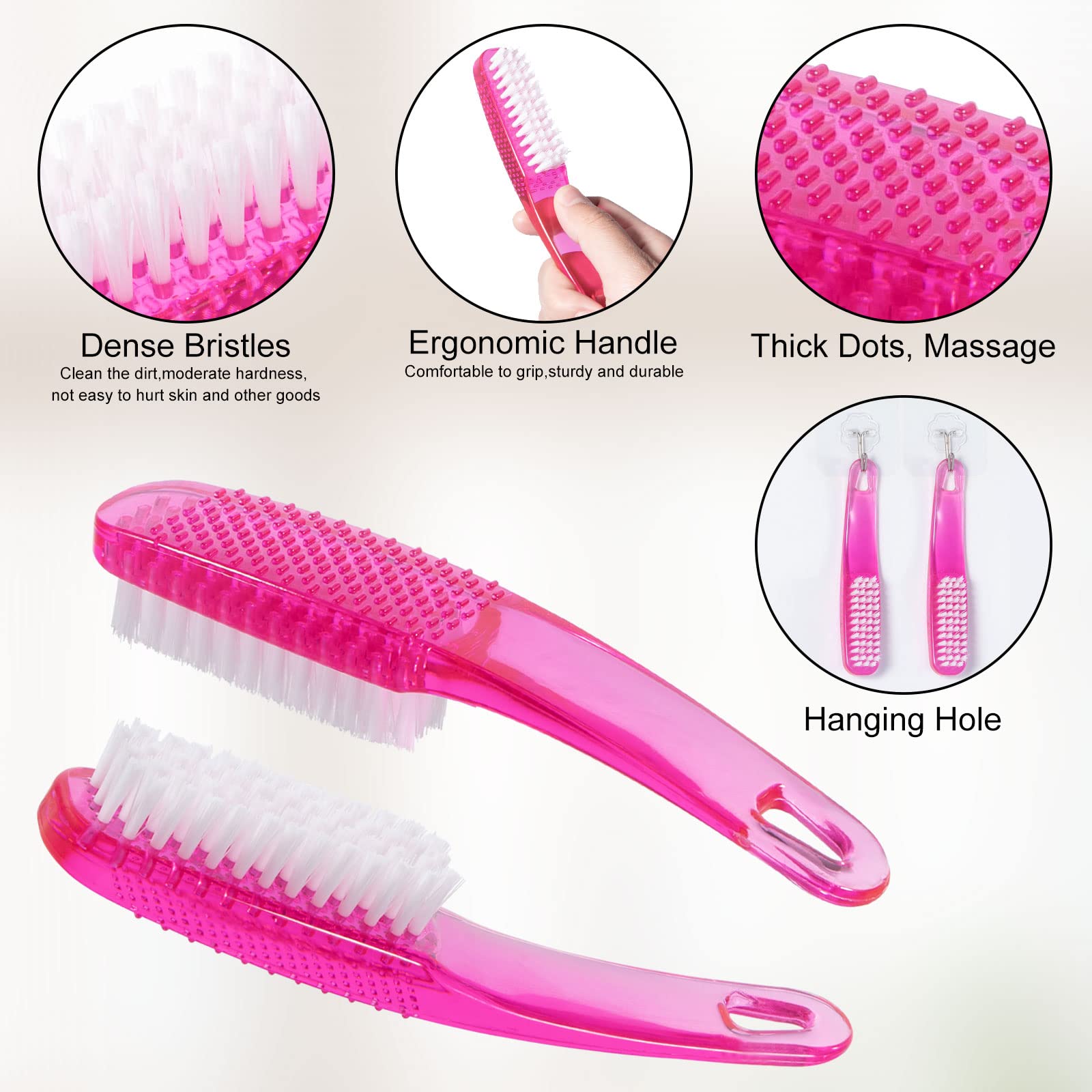 2 Pack Long Handle Nail Cleaning Brushes - Non-Slip Grip for Fingernails & Toes, Pedicure Scrubber for Men & Women (Hot Pink) - Perfect for Home Manicure, Salon Care & Travel Hygiene Essentials