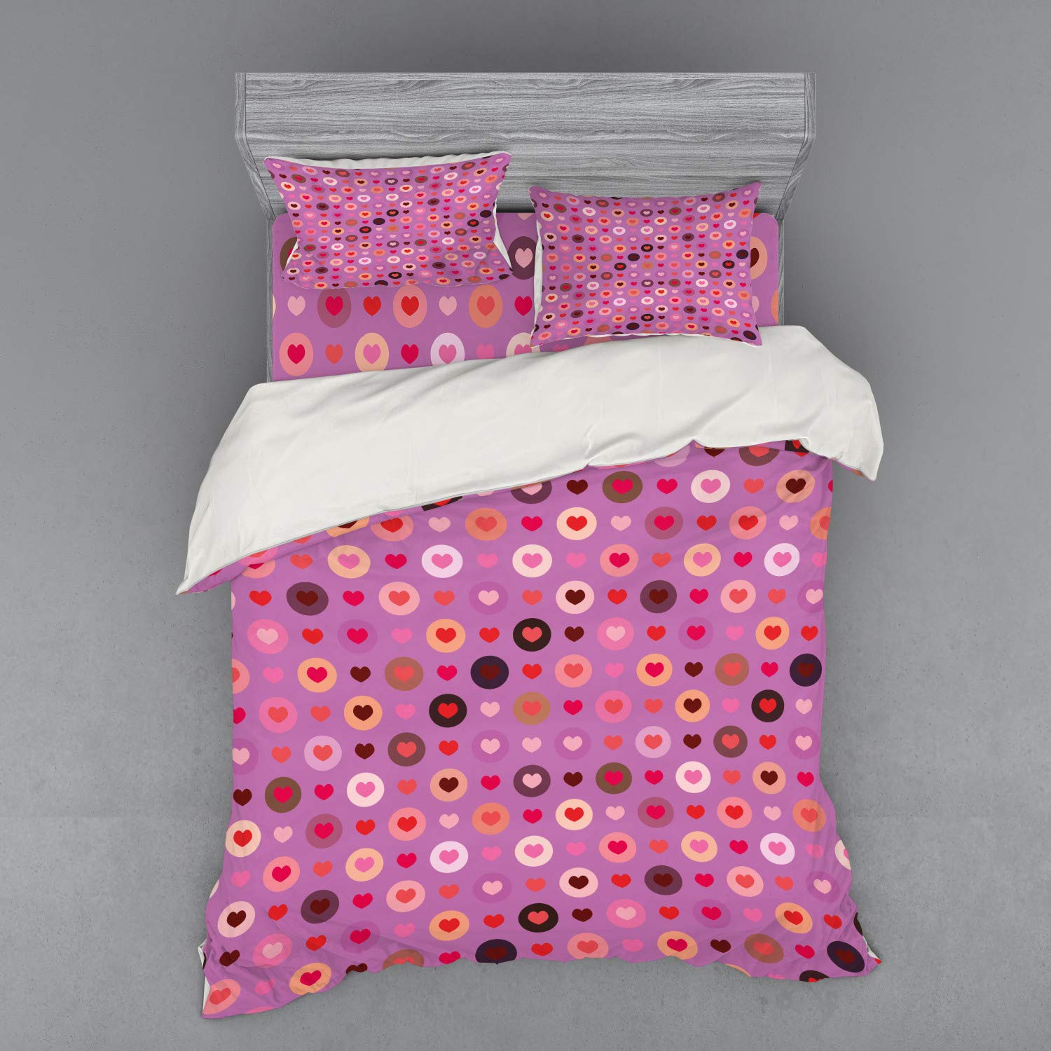 Ambesonne Abstract Duvet Cover Set - Valentine's Day Heart Design with Circular Patterns, 4-Piece Queen Size Bedding Set Includes Shams & Fitted Sheet in Fuchsia Red Salmon | Romantic Bedroom Decor for Couples, Anniversary Gift Idea