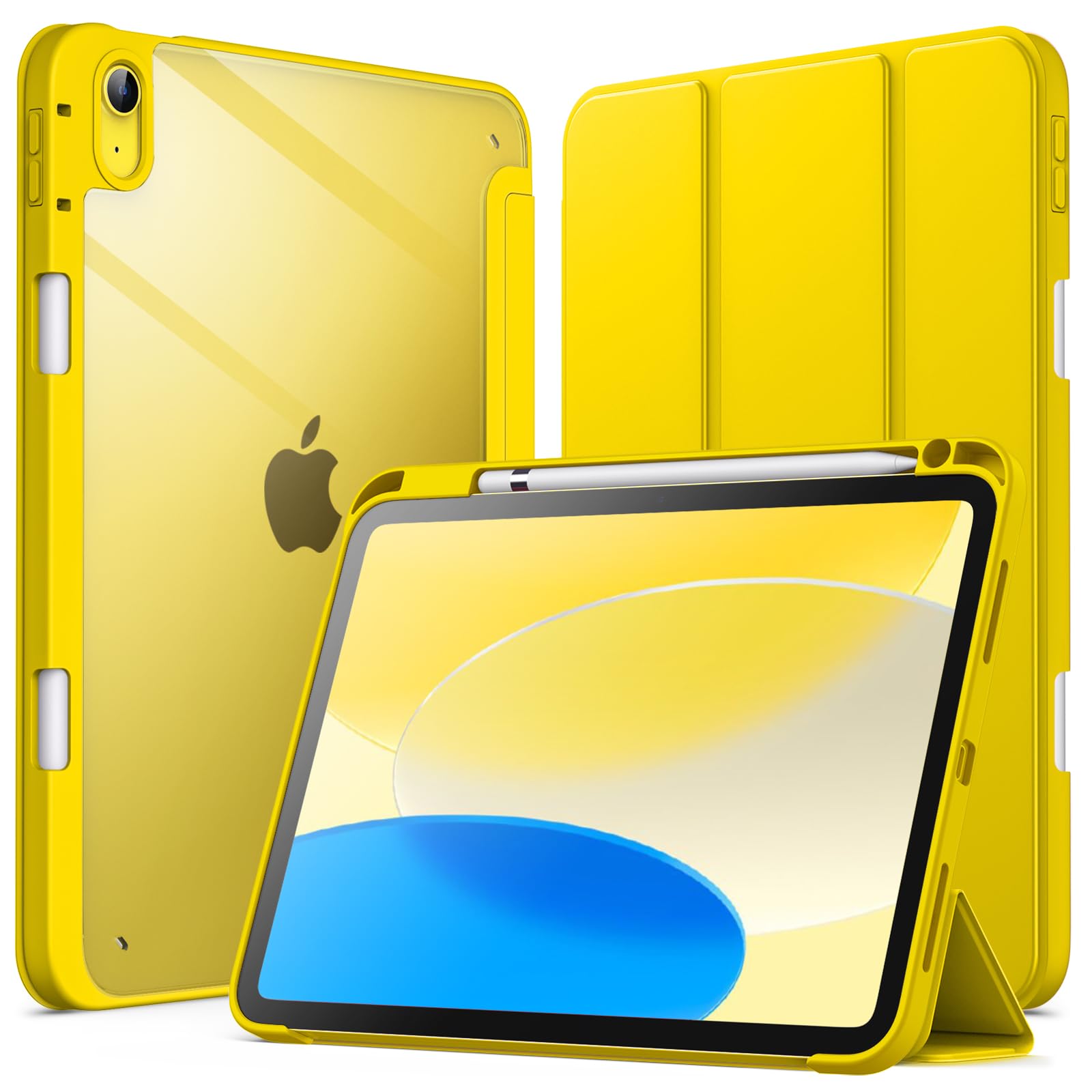 JETech Clear Shockproof iPad Case for 11th/10th Gen iPad (2025/2022 Model A16) with Pencil Holder & Auto Wake/Sleep - Slim Transparent Stand Cover in Yellow - Perfect for Work, School & Travel Protection