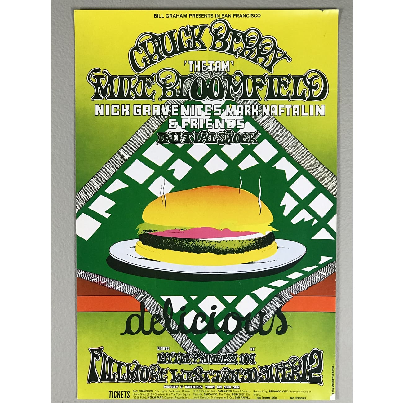 Vintage Chuck Berry 1968 Bill Graham Concert Poster - 1st Edition Rare Collectible Music Memorabilia for Rock Fans & Home Decor
