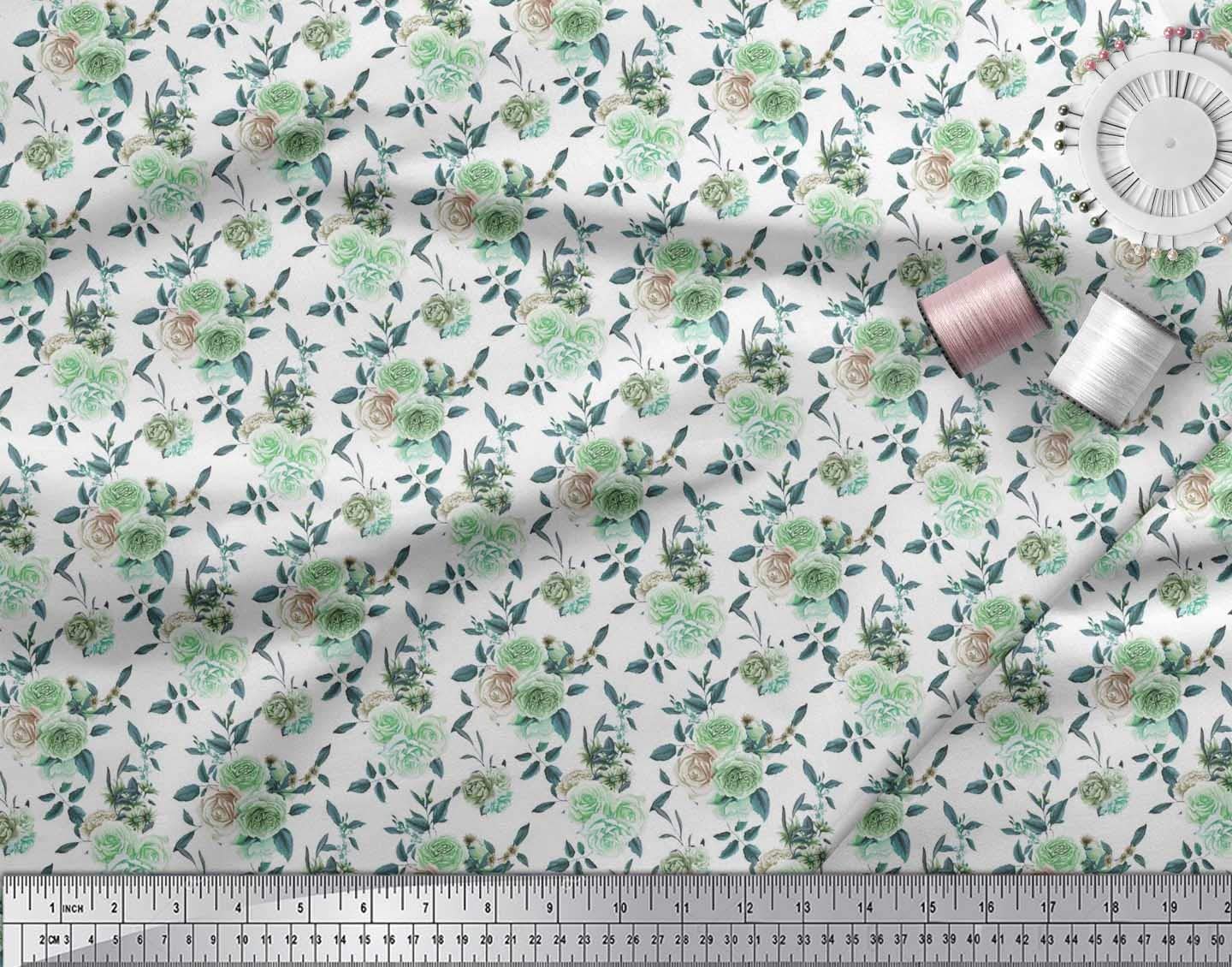Soimoi Viscose Chiffon Fabric - 42 Inch Wide Green Printed Fabric with Rose & Leaf Floral Pattern - by The Yard for DIY Dresses, Curtains, and Home Decor - Romantic Floral Material for Sewing Projects