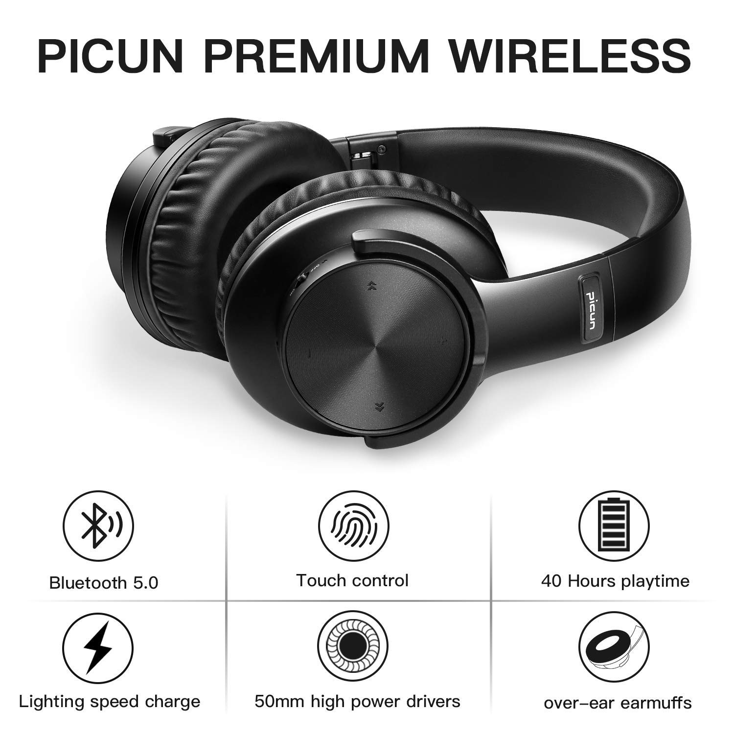 Foldable Bluetooth Headphones with Deep Bass, 3D Stereo & Noise Cancelling - Wireless Over-Ear Headset for Computer, Mobile Phone - Perfect for Travel, Work & Gaming (Black)