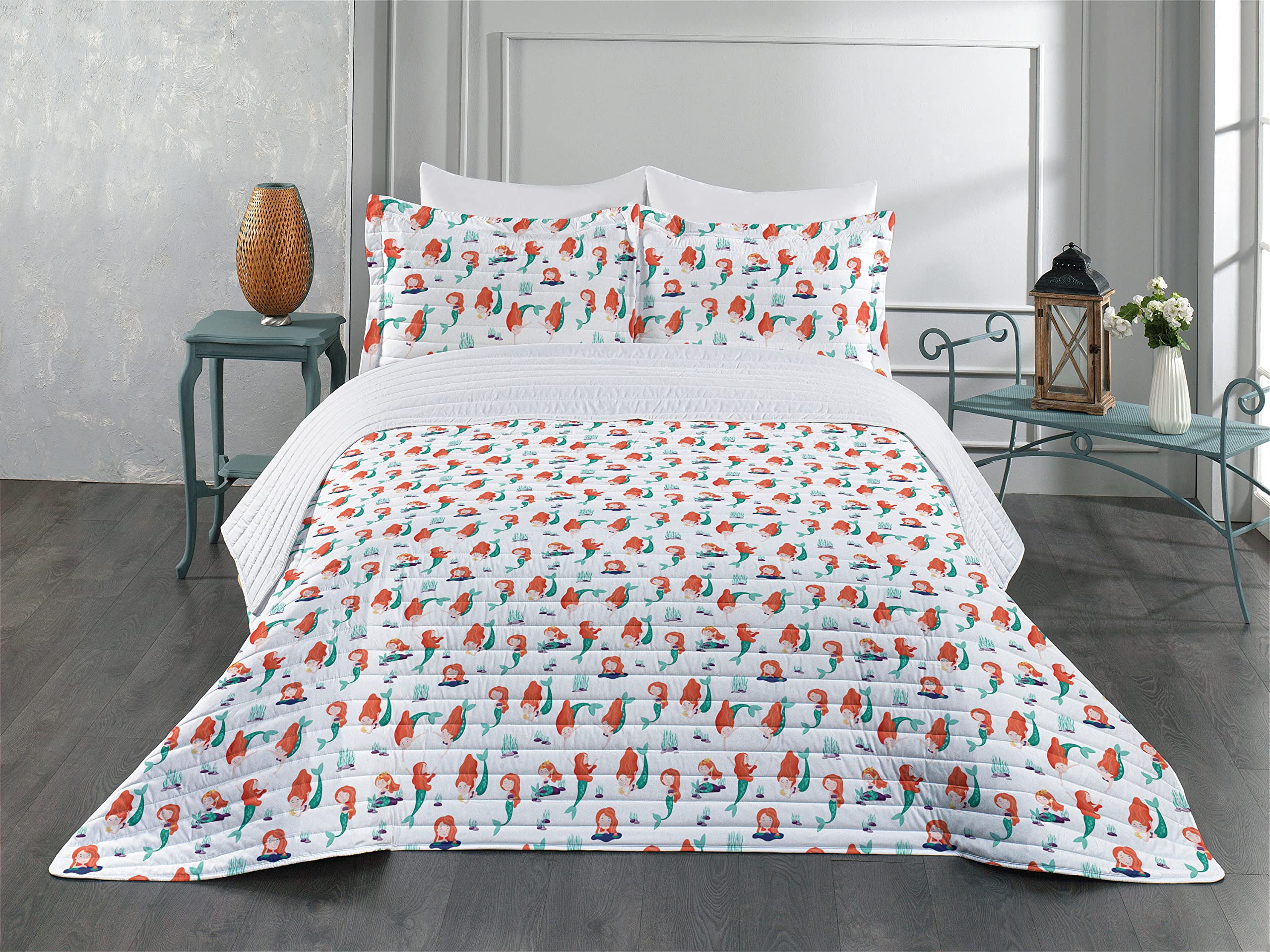 Ambesonne King Size Mermaid Bedspread Set - Soft Microfiber Ocean Creature Girls Cartoon Design with Pillow Shams & Comforter in Burnt Sienna Seafoam | Perfect for Kids' Bedrooms, Beach Themed Decor, and Fantasy Room Makeovers