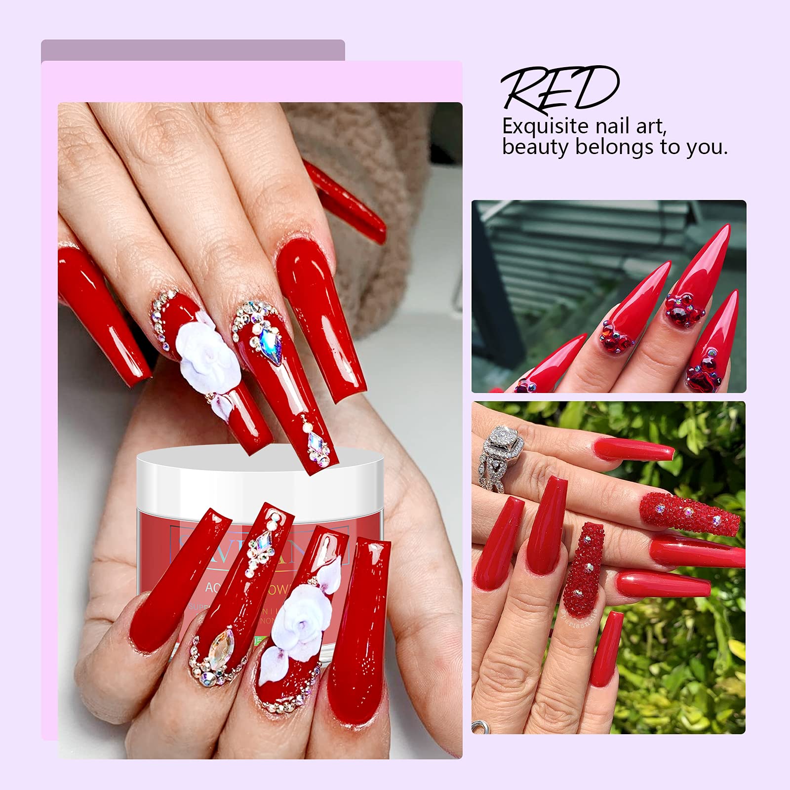 Saviland Red Acrylic Nail Powder - 30g Professional Polymer Powder for Acrylic Nail Extensions & 3D Nail Art, No UV Lamp Needed - Perfect for Salon, Home Manicures & Nail Art Designs