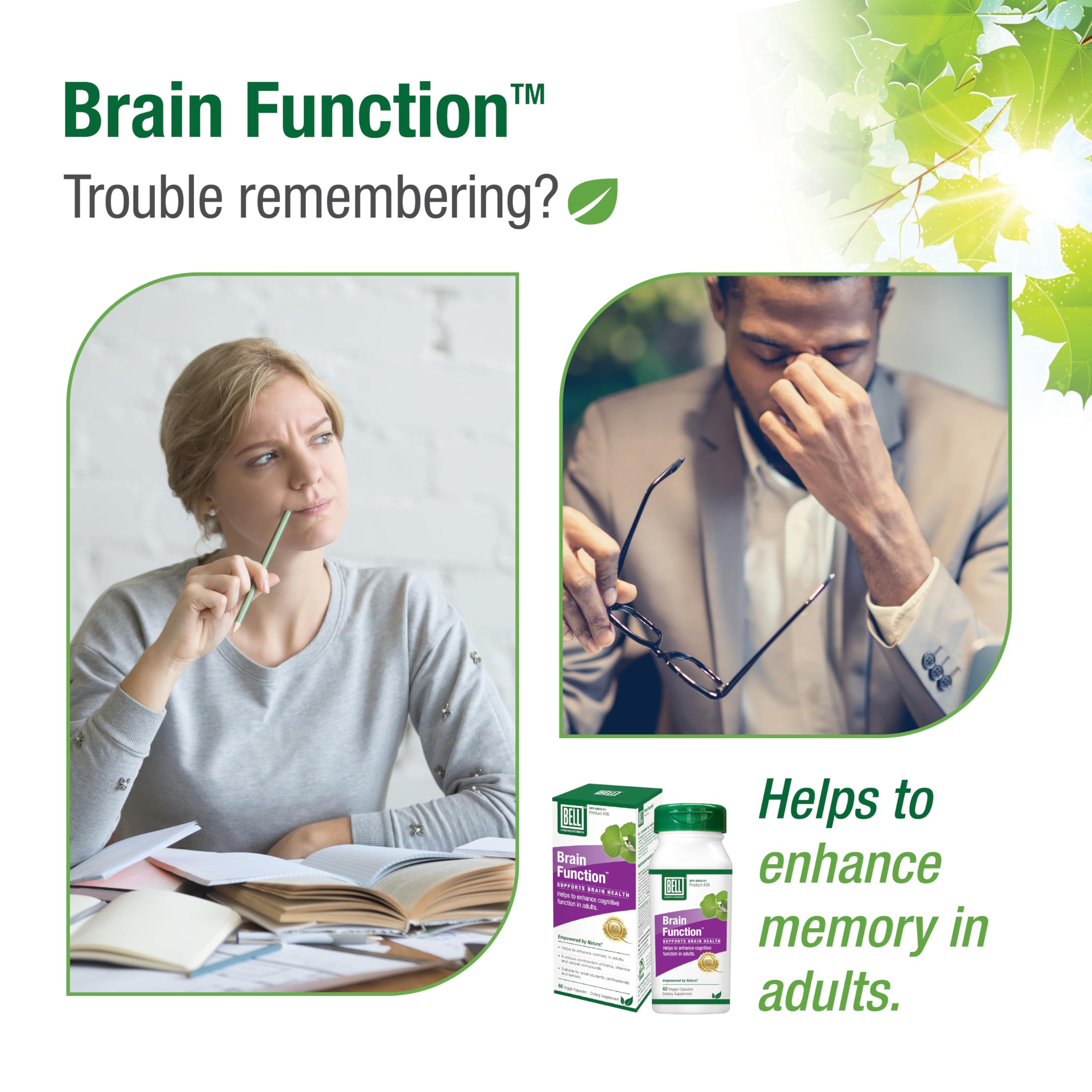 BELL Brain Function Supplement - 60 Capsules for Memory, Focus & Cognitive Support - Enhance Mental Clarity & Concentration for Work & Study