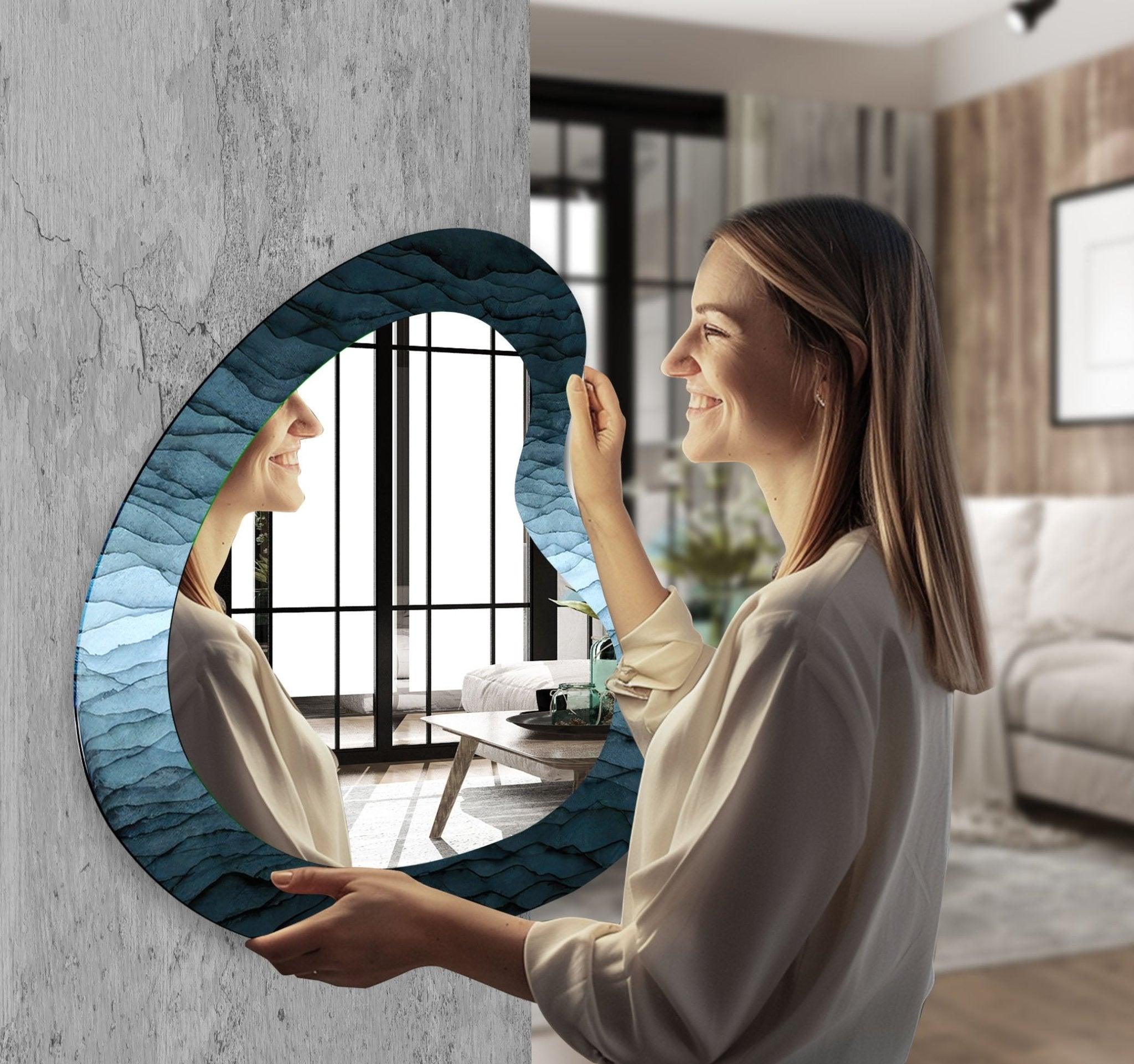 Abstract Blue Asymmetrical Wall Mirror - Modern Decorative Mirror for Living Room, Bedroom, Entryway - Unique Handmade Art Piece for Home Decor