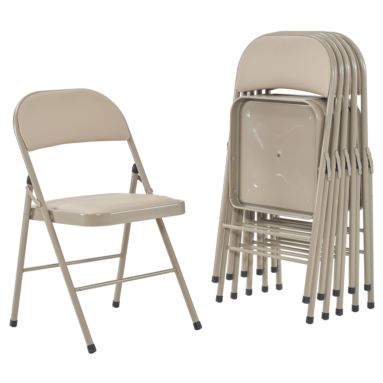 4 Pack Heavy Duty Folding Chairs with Padded Seat & Back Cushion - Steel Frame Stackable Indoor/Outdoor Chairs for Office, Wedding, Party (330lbs Capacity, Khaki) - Perfect for Events, Camping & Home Use