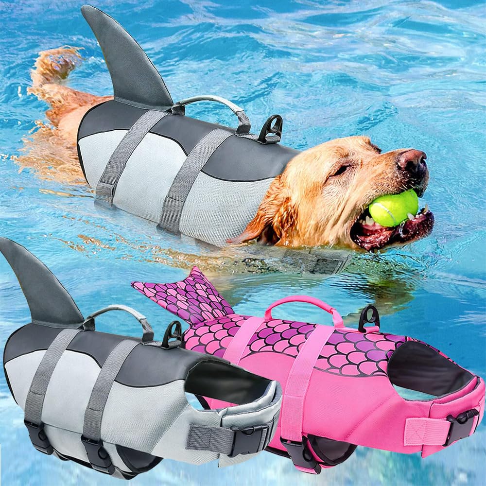 Dog Life Jacket - Swimming Safety Vest with Handle & Buoyancy Aid for Small, Medium & Large Dogs - Shark Grey Floatation Coat for Pool, Beach & Boating Safety