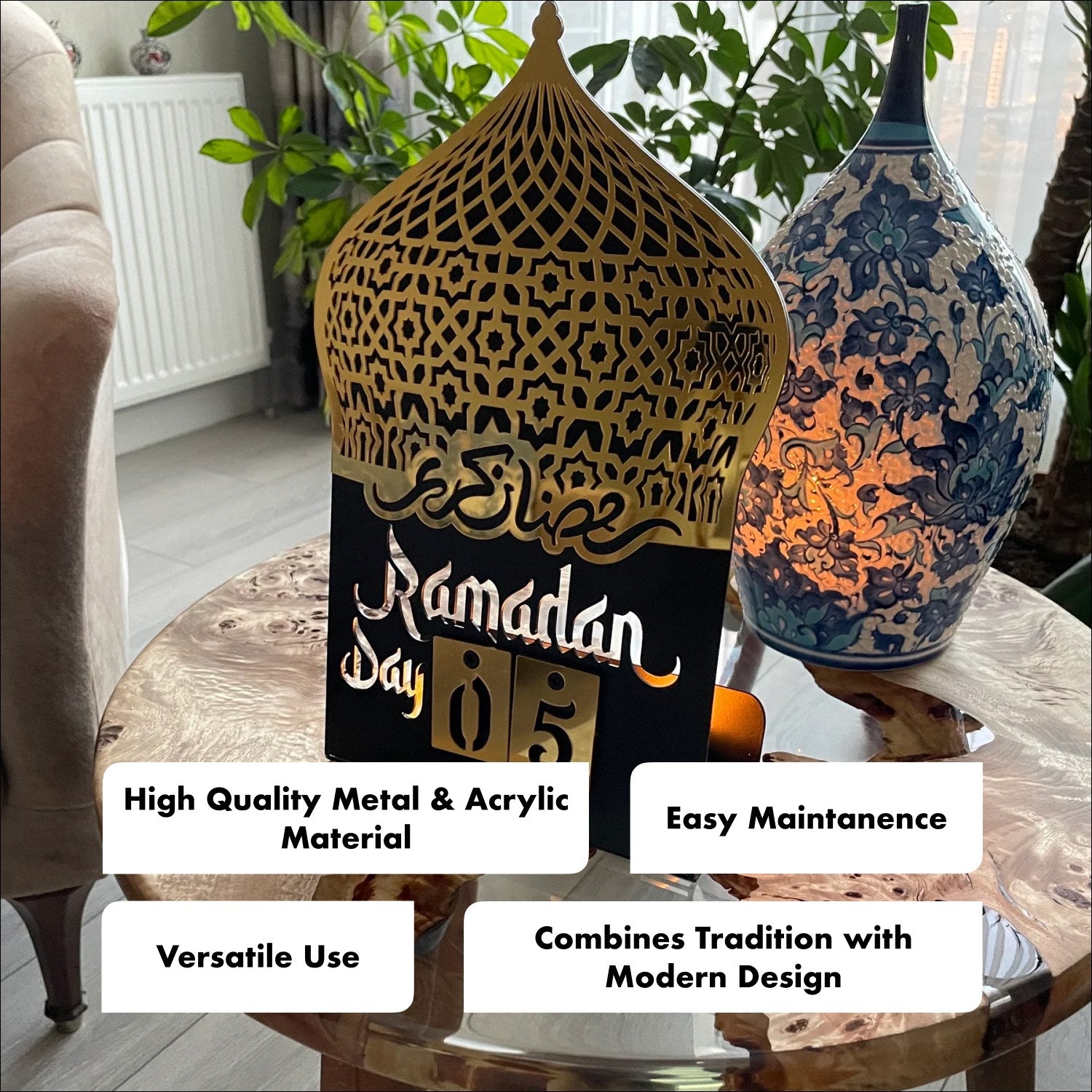 Ramadan Calendar - Metal & Acrylic Islamic Table Decor for Home & Office - Perfect Muslim Gift for Eid, Iftar & Islamic Holidays