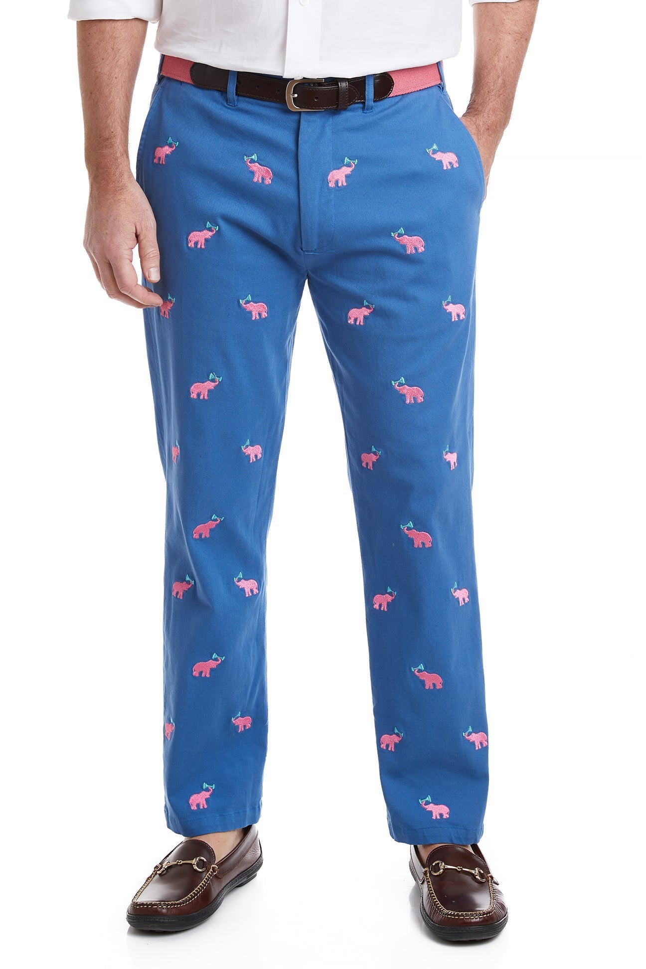 Stretch Twill Harbor Pant in Deep Ocean Blue with Toasting Elephant Print - Comfortable Casual Pants for Work, Travel & Everyday Wear
