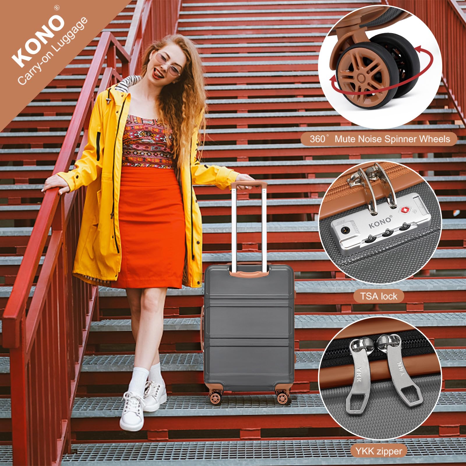 Kono 4-Piece Hardside Luggage Set with TSA Lock & Spinner Wheels - Apricot Grey Carry-On Suitcase for Travel, Business Trips & Weekend Getaways