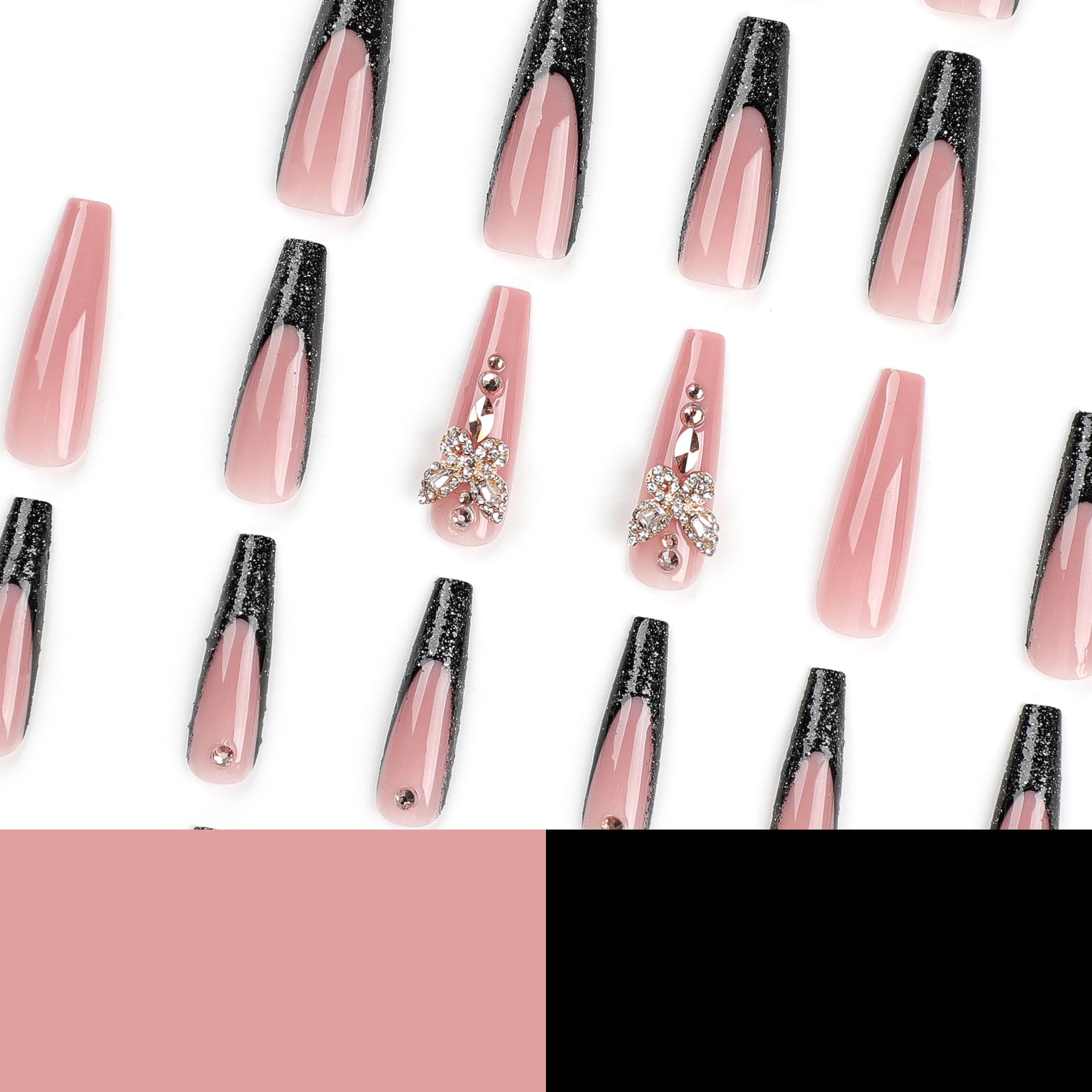 IMSOHOT Extra Long Coffin Press on Nails - Black Glitter French Tips with Golden Butterfly Rhinestone Designs | 24PCS Full Cover Ballerina Acrylic False Nails for Women | Perfect for Parties, Weddings & Special Occasions