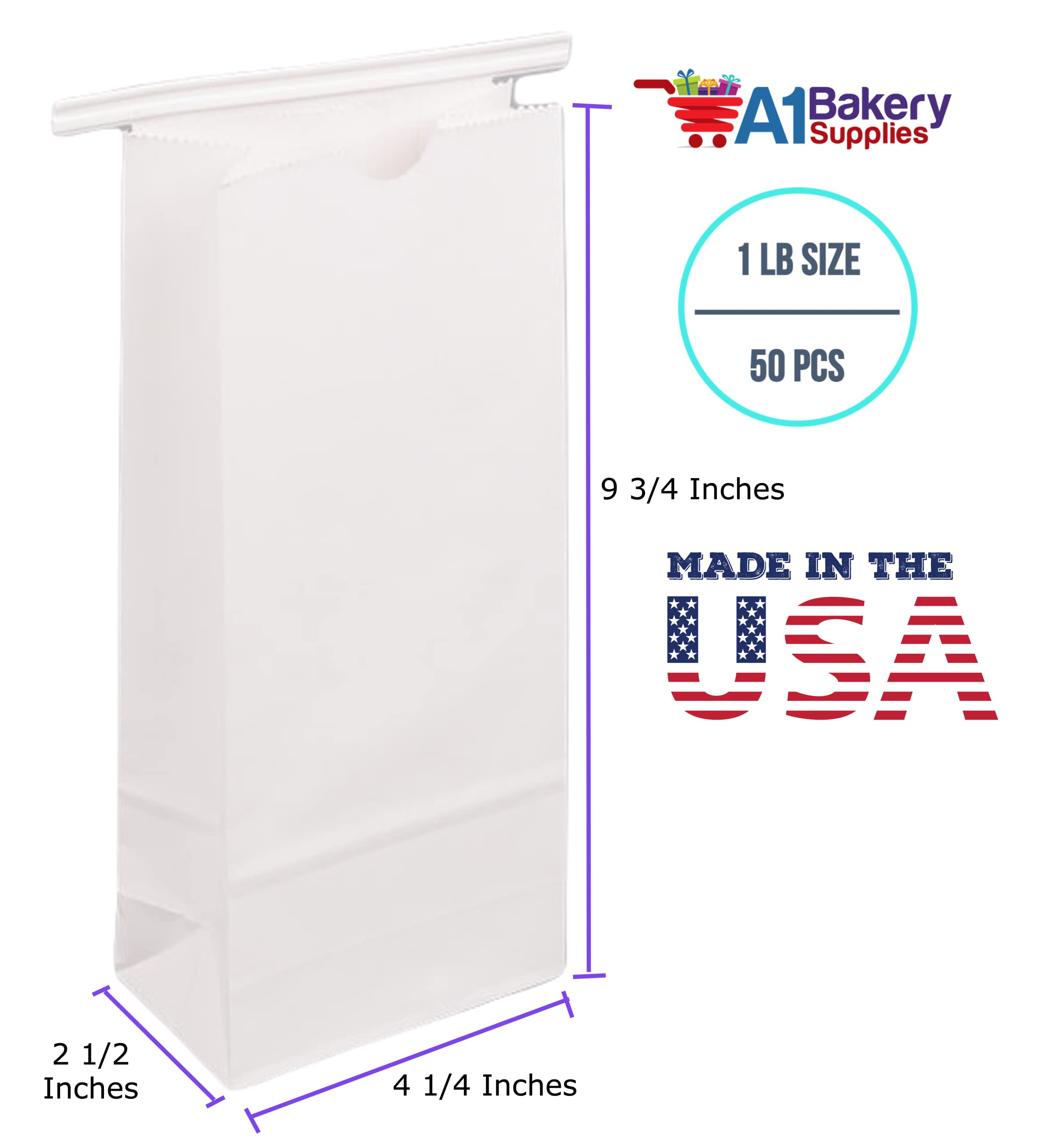50 Pack 1 LB White Tin Tie Paper Bags for Bakery, Cookies & Coffee - No Window, Bulk Food Storage Bags for Home, Cafes & Bakeries - Eco-Friendly & Durable Packaging Solution
