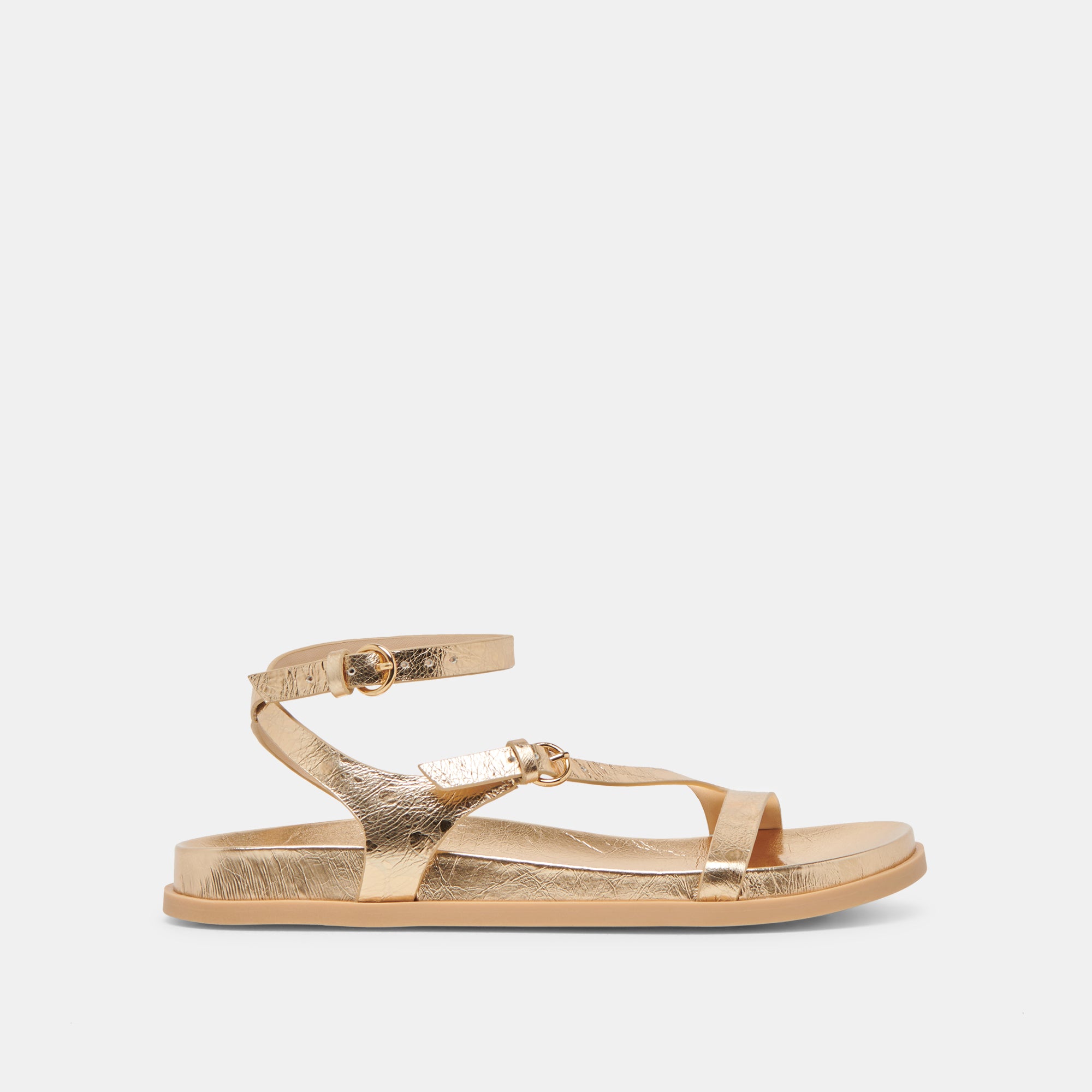 Darlis Sandals - Women's Gold Distressed Leather Slide Sandals for Beach, Pool, and Summer Outfits
