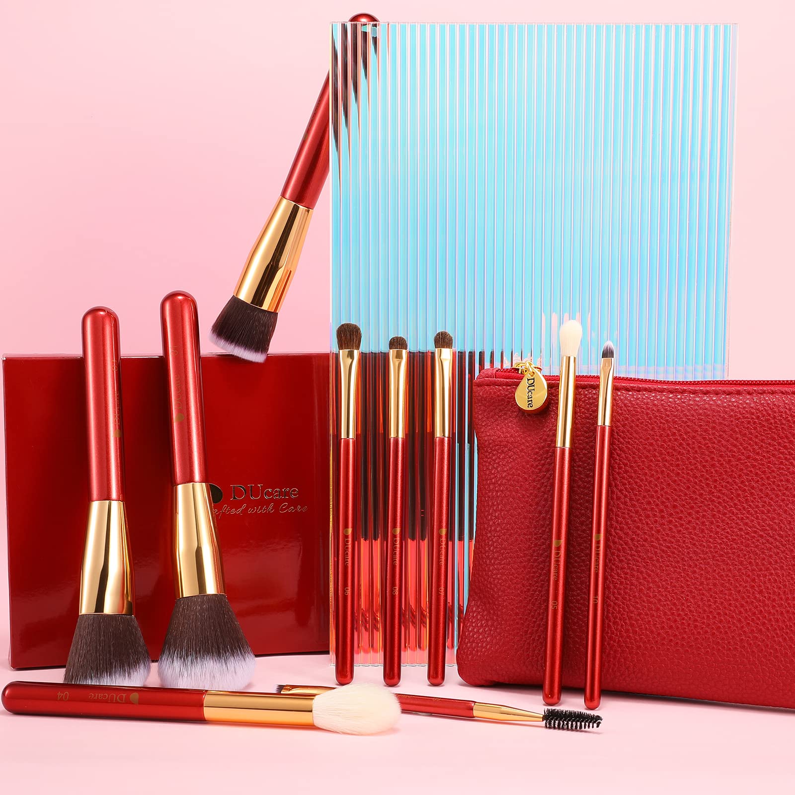 DUcare 10-Piece Premium Makeup Brush Set - Red Synthetic Kabuki, Foundation & Eye Brushes with Travel Case | Perfect for Professional Makeup Artists & Beginners | Home Use, Travel & Salon Makeup Application