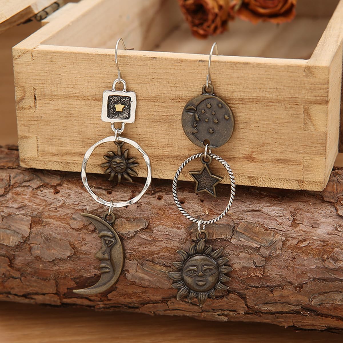 Opal Sun Moon Star Dangle Drop Earrings - Bohemian Retro Asymmetric Earrings with Greek Mythology Face Design for Women | Perfect for Festival, Boho Chic Outfits & Gift Giving