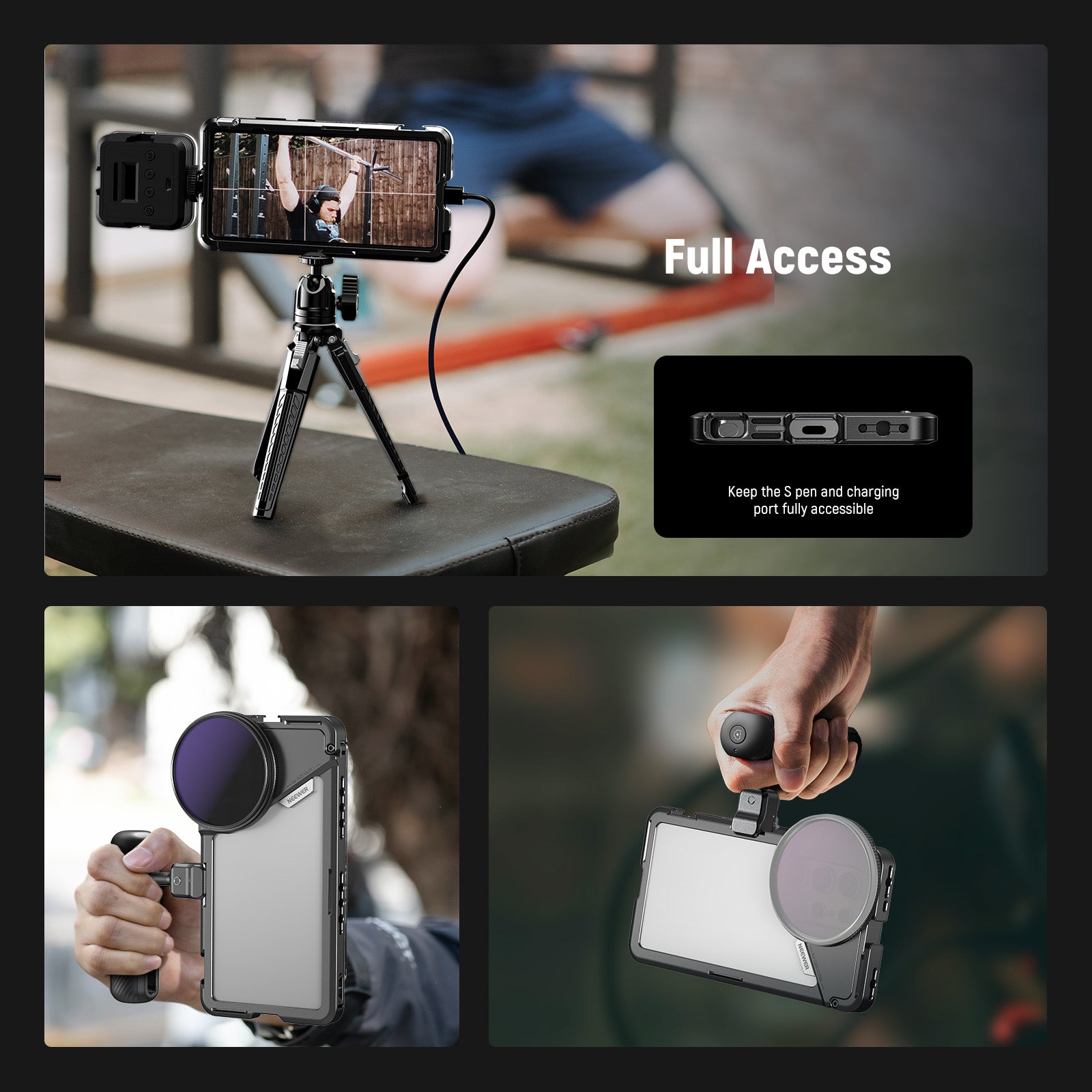 NEEWER PA082 Smartphone Cage for Samsung Galaxy S25 Ultra - Compatible with 67mm Filters, 17mm & T-Mount Adapters - Perfect for Vlogging, Filmmaking & Mobile Photography