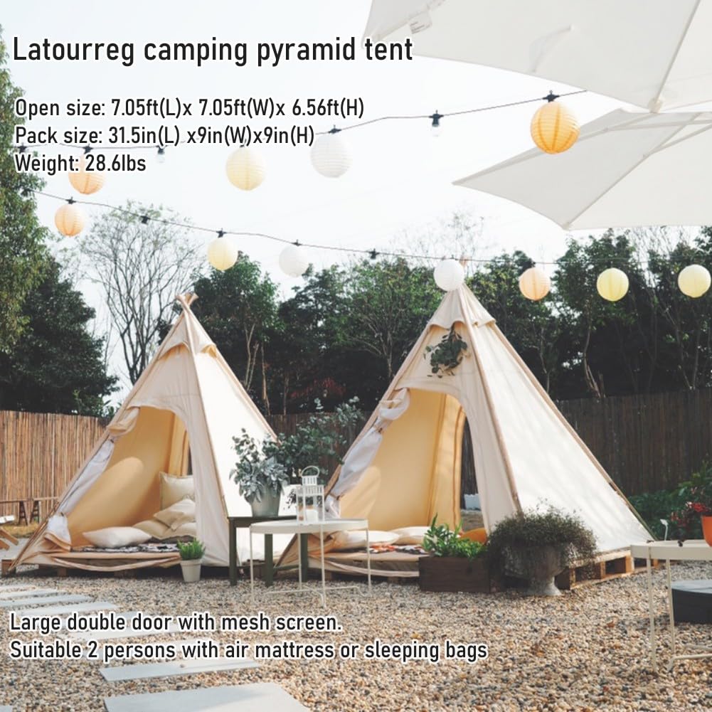 2 Person Outdoor Camping Tent - 2M Large Canvas Pyramid Teepee Tent for Adults - Perfect for Backpacking, Hiking & Glamping Adventures
