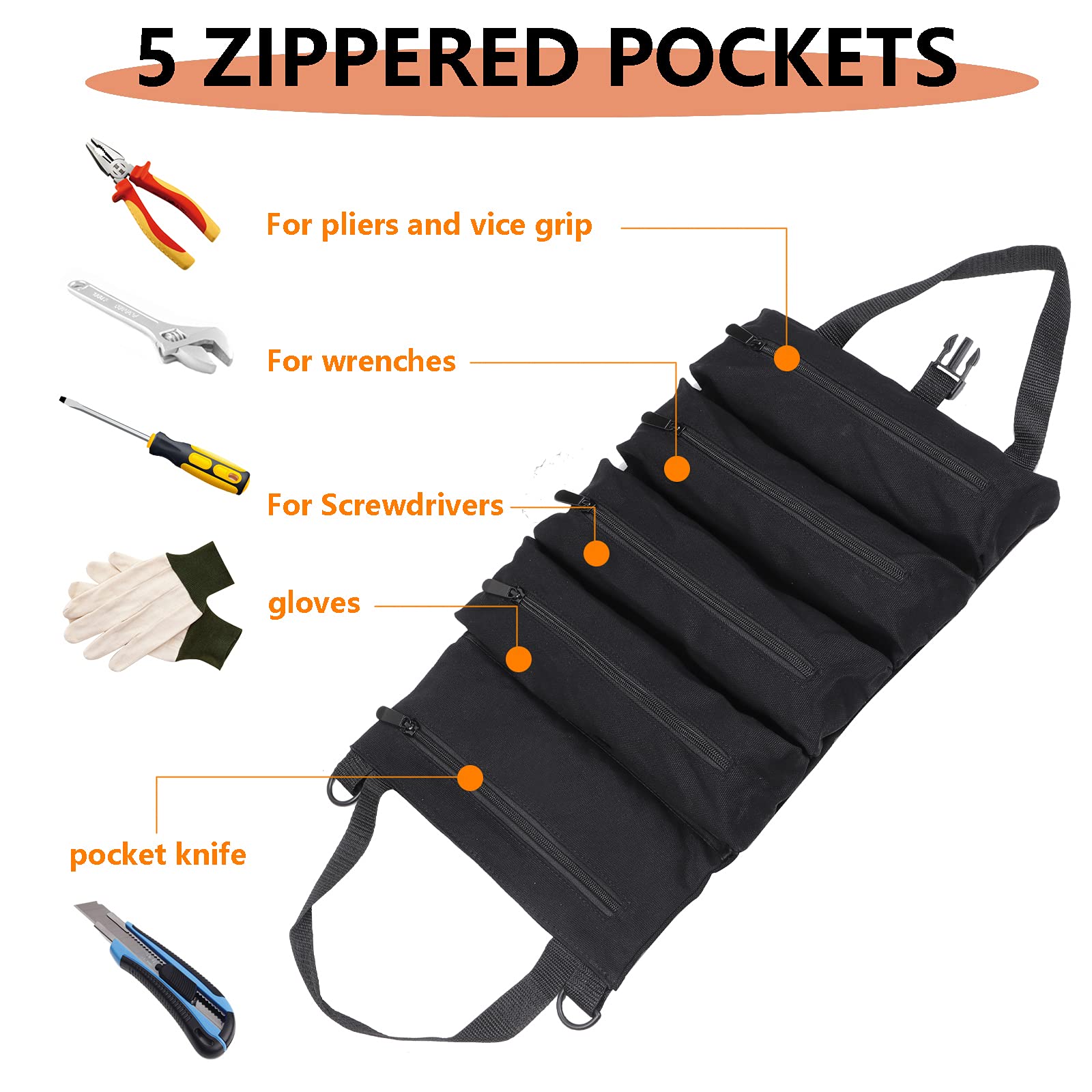 Super Roll Tool Organizer - Multi-Purpose Canvas Tool Bag, Wrench Roll & Car First Aid Kit Wrap | Durable Storage Case for Mechanics, Camping Gear & DIY Projects | Hanging Zipper Tote for Easy Access & Organization
