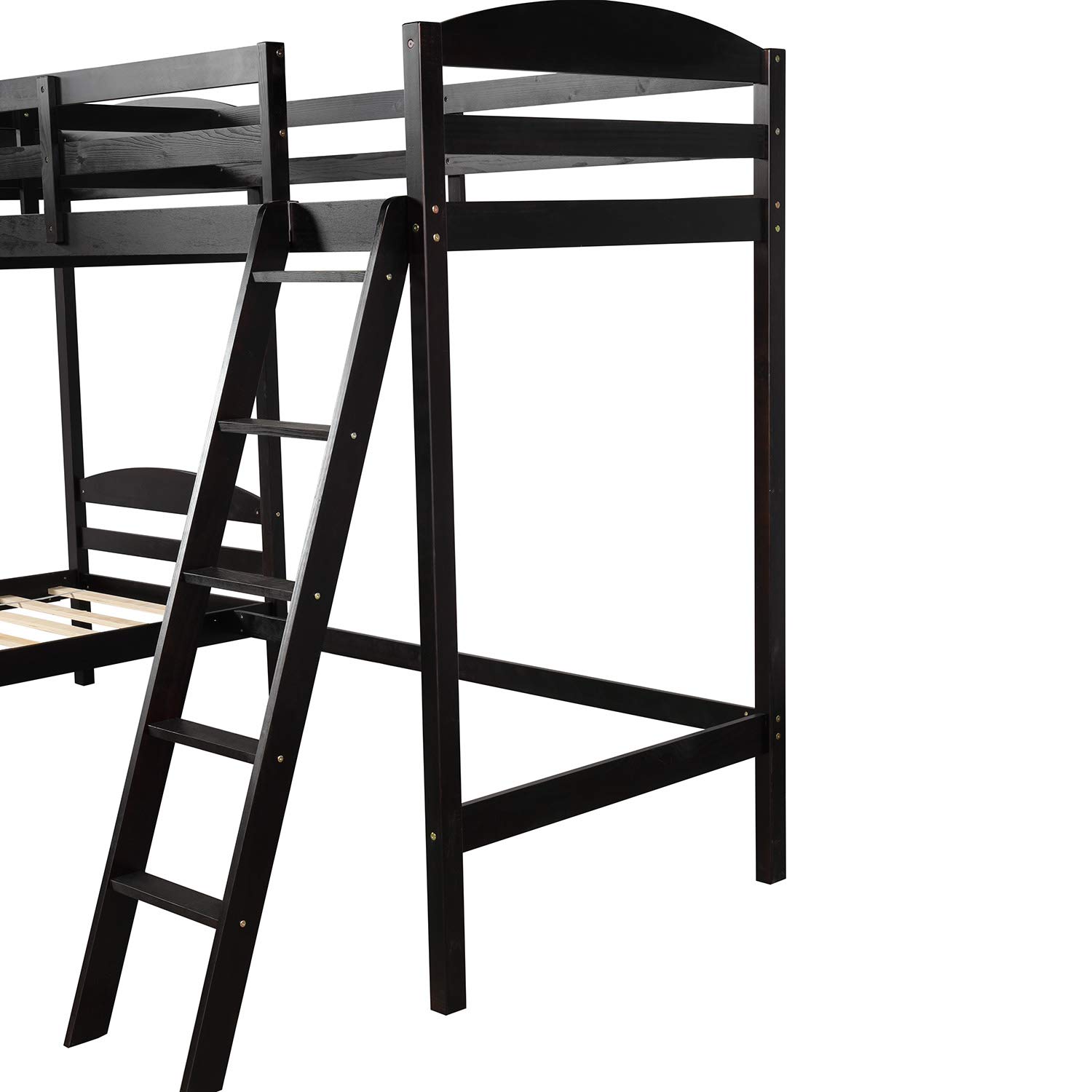 RUNNA Triple Bunk Bed - Solid Wood Twin Size 3-Tier Loft Bed with Guardrails & Ladder for Kids | L-Shaped Corner Space-Saving Design | No Box Spring Needed (Espresso Finish) | Perfect for Shared Kids' Rooms, Sleepovers & Small Spaces