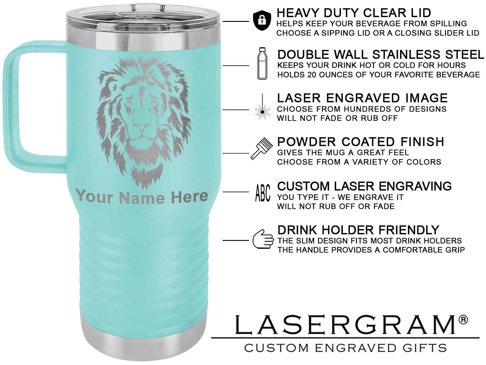 LaserGram 20oz Vacuum Insulated Stainless Steel Travel Mug with Handle - Personalized Engraving, Horse & Cowgirl Design (Teal) - Perfect for Coffee, Tea & Hot/Cold Drinks On The Go, Office, Camping & Outdoor Adventures