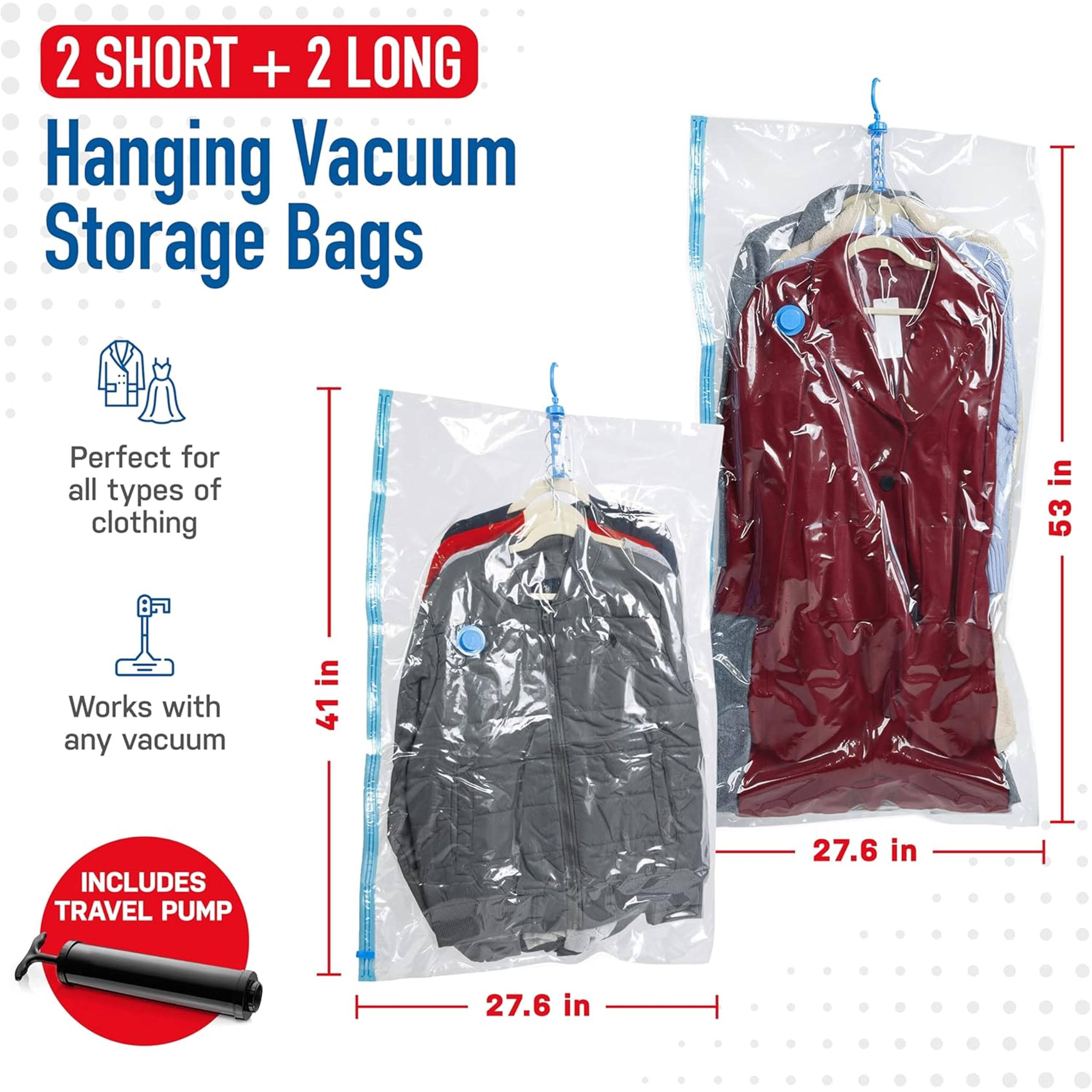Vacuum Storage Bags for Clothes - 4 Pack Space Saver Hanging Garment Bags for Coats, Jackets, Dresses & Suits | Closet Organizer, Sealed Storage Bags | Perfect for Travel, Seasonal Storage & Small Space Organization