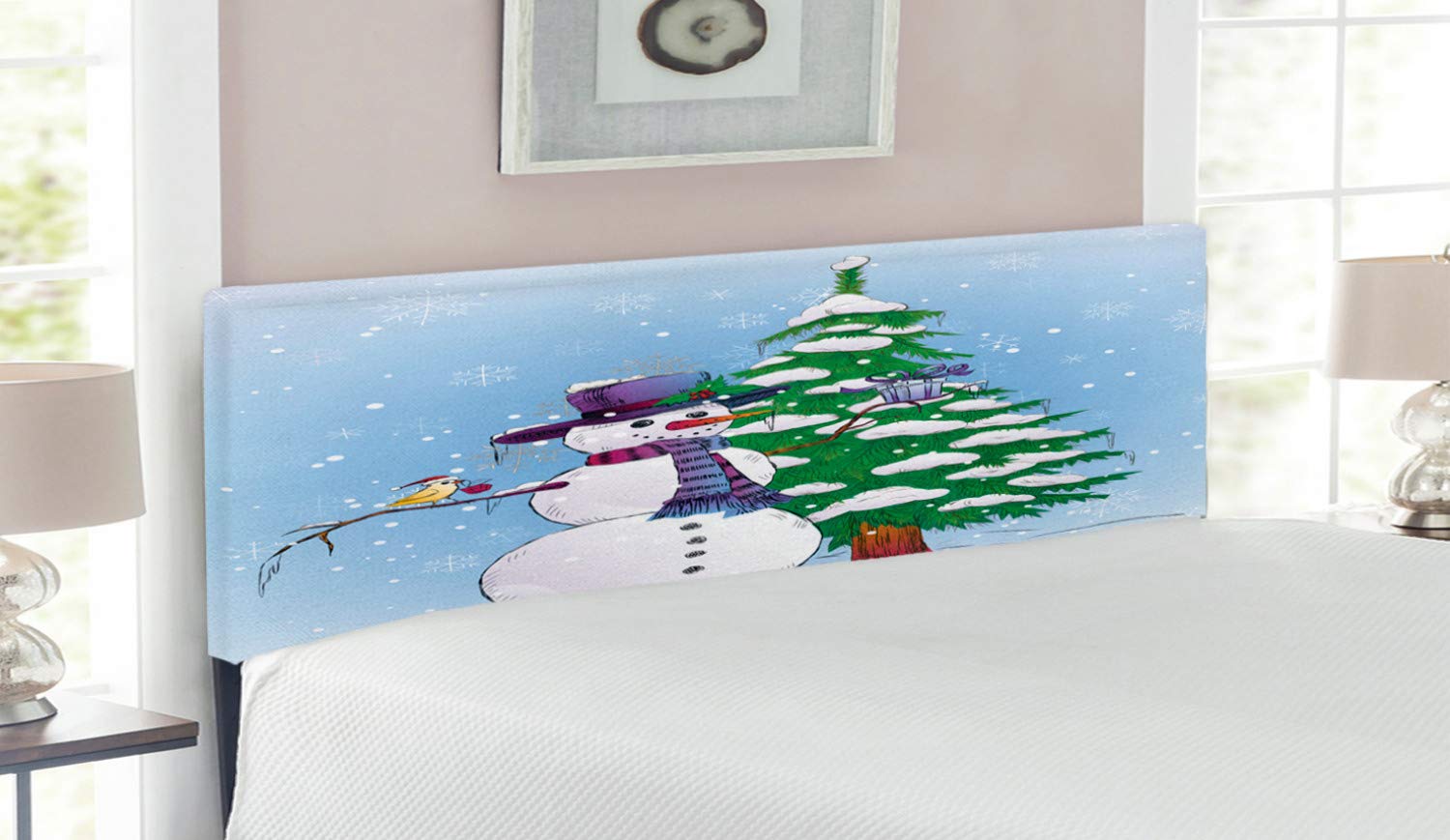 Ambesonne Christmas Headboard - Snowman Winter Mistletoe Design with Present, Top Hat & Scarf - Upholstered Decorative Metal Bed Frame with Memory Foam - Queen Size Blue Green - Perfect for Holiday Bedroom Decor