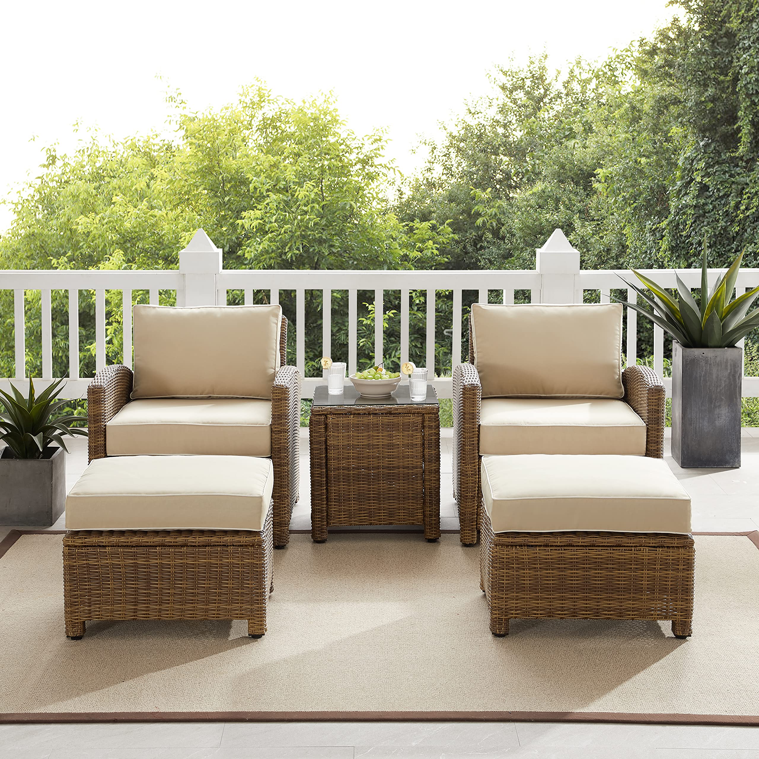 Crosley Bradenton 5-Piece Outdoor Patio Furniture Set - Weather-Resistant Wicker Chairs with Sand Cushions for Porch, Deck & Backyard Conversation Area