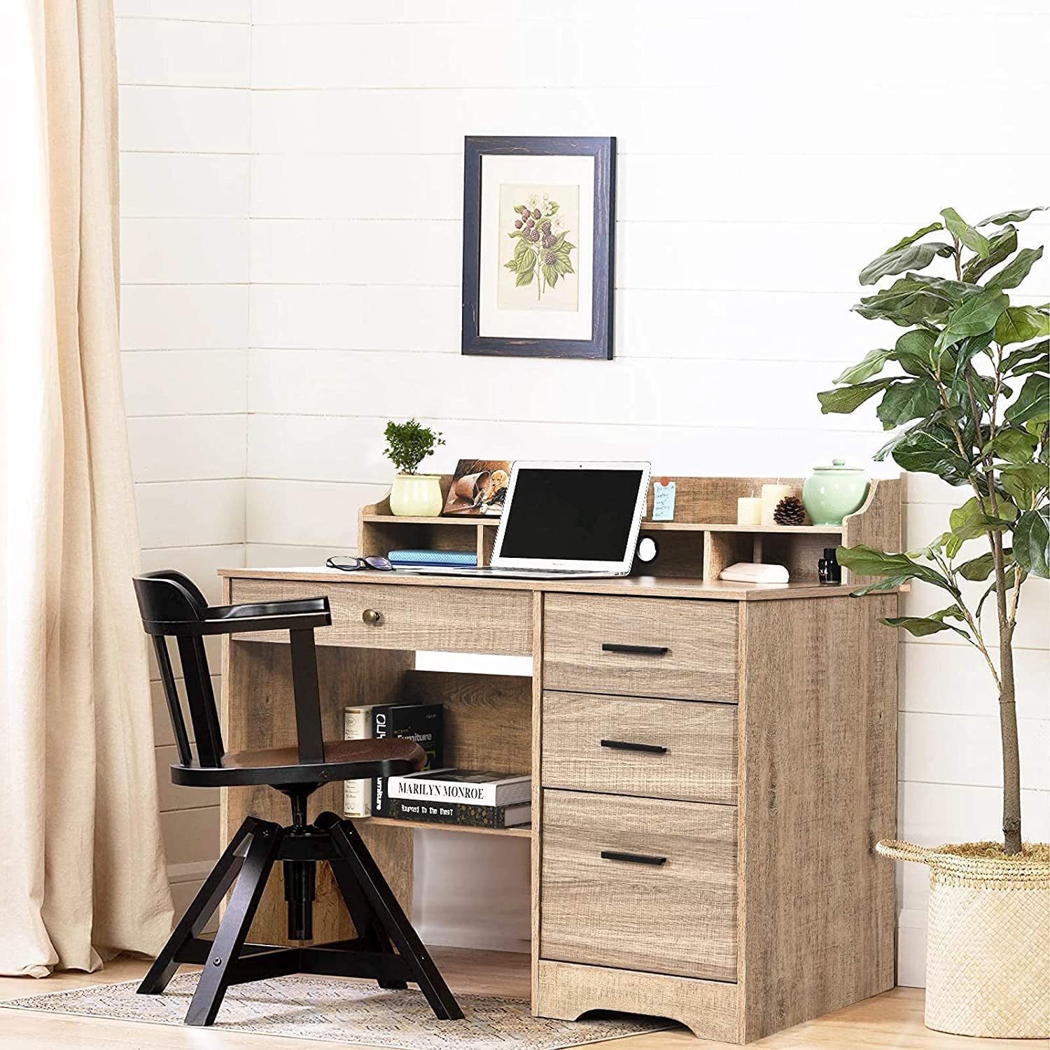 Modern Farmhouse Computer Desk with 4 Drawers & Hutch - Small Office Desk with File Storage, Wooden Writing Table for Home Office, Study & Bedroom - Perfect for Remote Work, Online Learning & Small Space Organization (Grey)