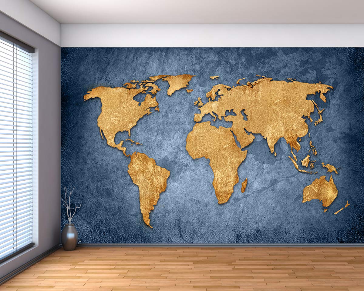 Blue Grey World Map Self-Adhesive Vinyl Wallpaper - Peel & Stick Fabric Wall Decal with Canvas Texture - 48x36 inches - Perfect for Home Office, Living Room & Bedroom Decor