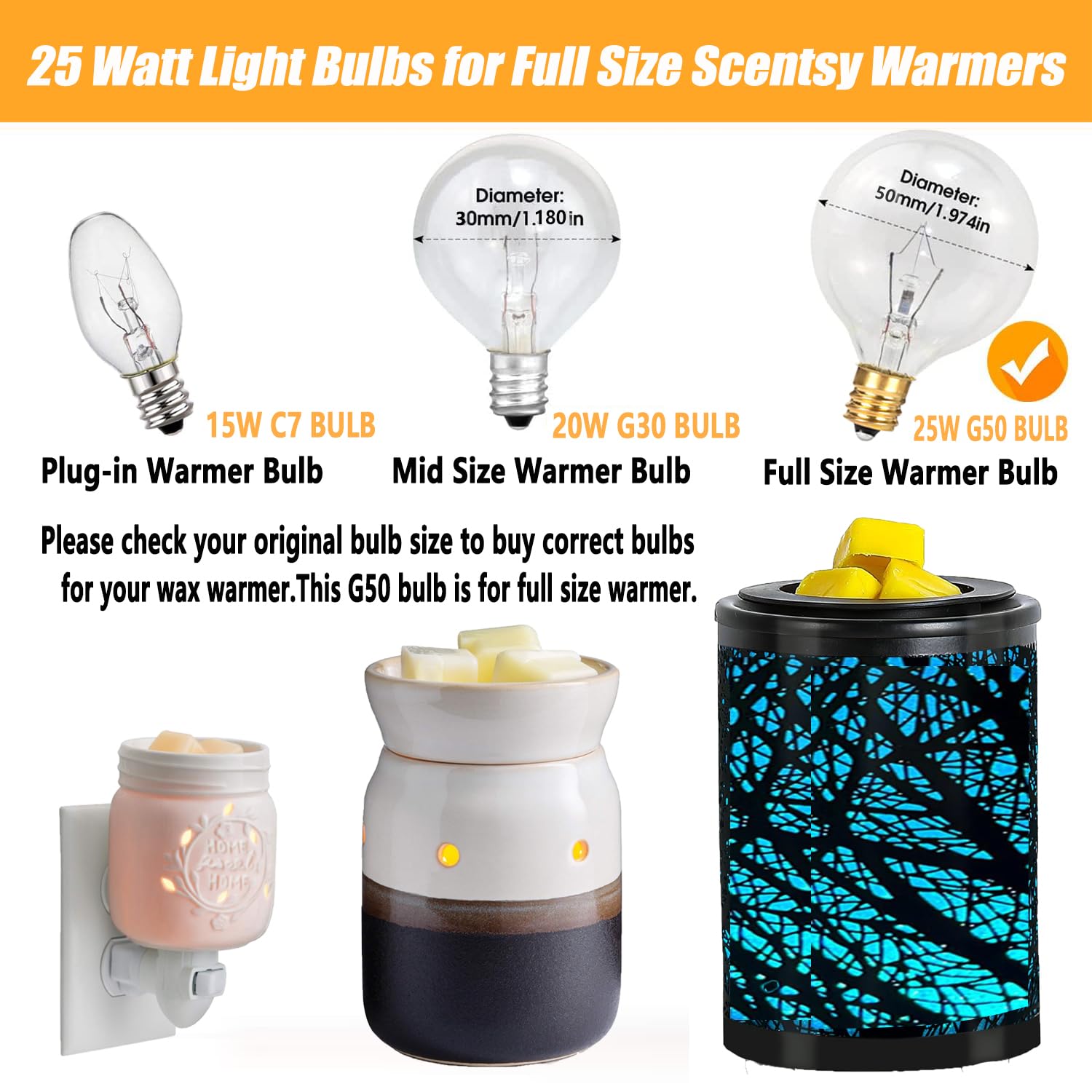 25W Wax Warmer Bulbs - 6 Pack G50/G16.5 Globe E12 Clear Light Bulbs for Full Size Scentsy & Candle Wax Warmers | 120V Long Lifespan Bulbs | Perfect for Home Aromatherapy & Relaxation Spaces