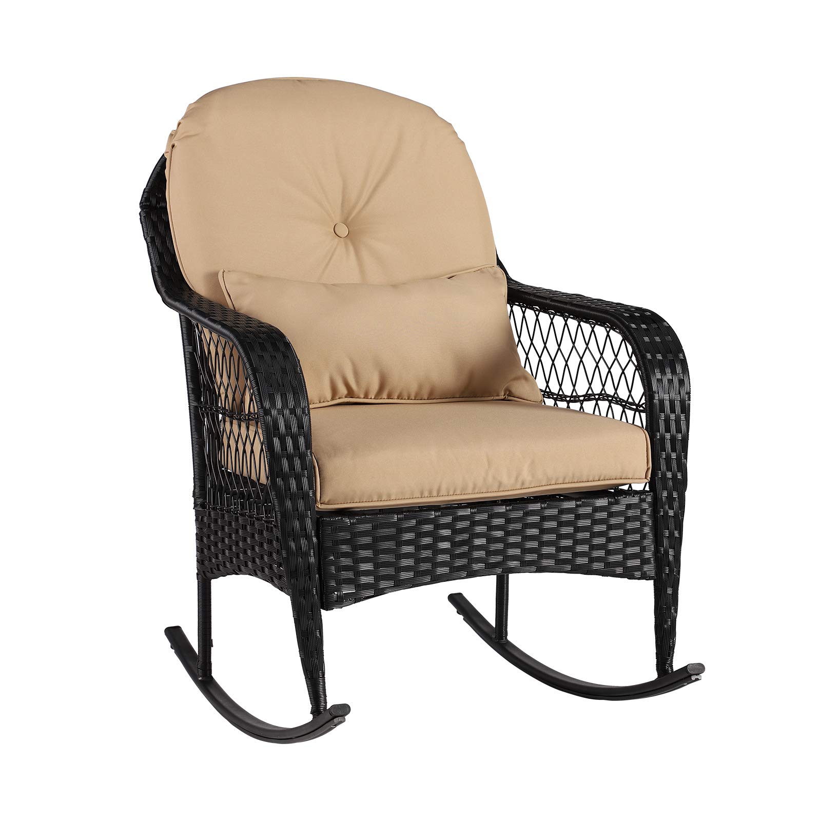 All-Weather Wicker Rocking Chair for Outdoor Use - Patio, Garden, Porch, Balcony & Backyard Furniture with Comfortable Cushions (1PC, Khaki) - Perfect for Relaxing, Sunbathing & Reading in Your Outdoor Space