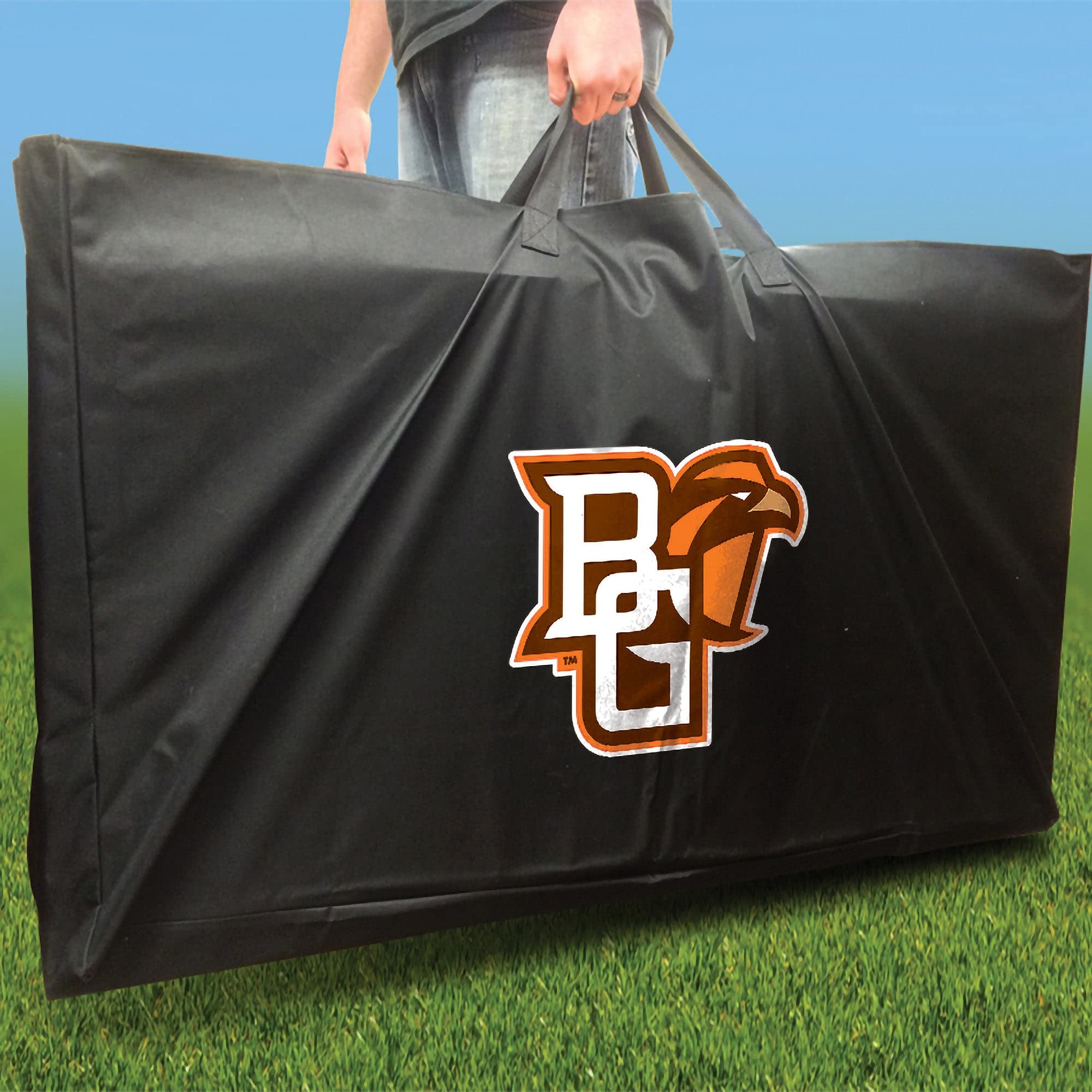 Premium Bowling Green Stained Striped Cornhole Boards Set - 2 Regulation-Sized Boards & 8 Custom Team Logo Bags | Outdoor Lawn Games, Tailgate Parties, Backyard BBQs, and Family Gatherings