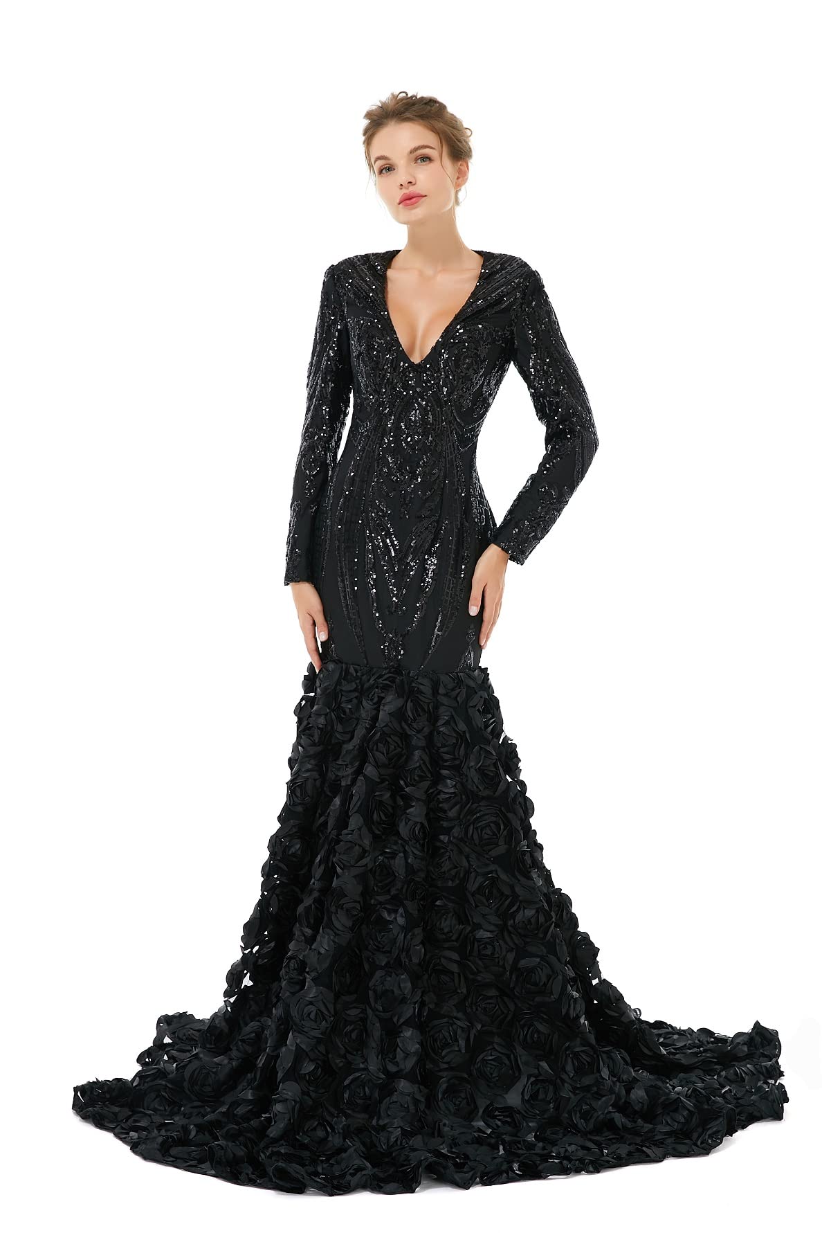 Elegant Women's Sequined Long Sleeve V-Neck Mermaid Evening Dress for Prom, Party, Pageant & Celebrity Events - Rose Floral Gown for Special Occasions