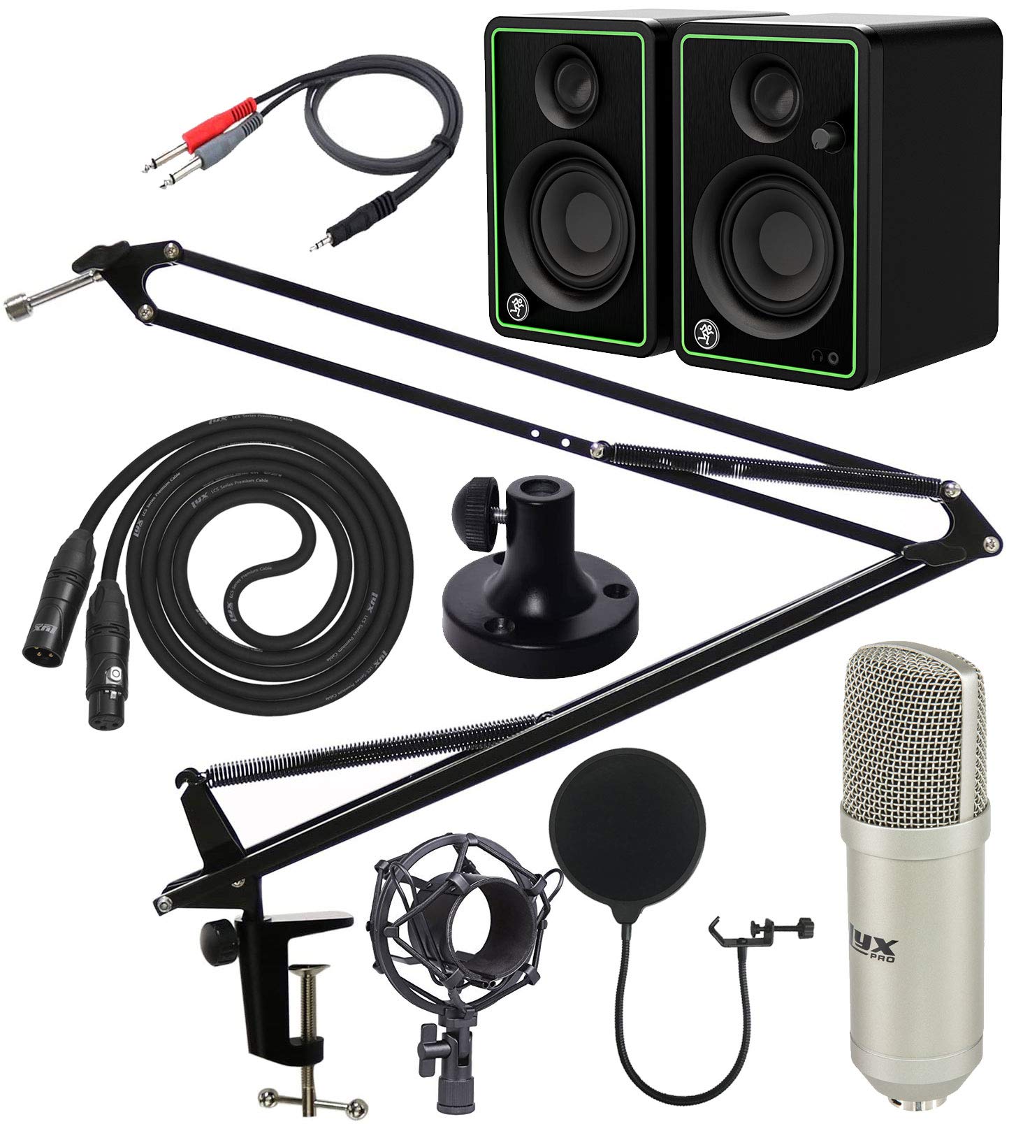 LyxPro Professional Condenser Microphone Kit with Adjustable Boom Arm, Swivel Mount & Desk Clamp + CR3-X Studio Monitors & Pro Tools First DAW Software - Perfect for Home Recording, Podcasting & Music Production