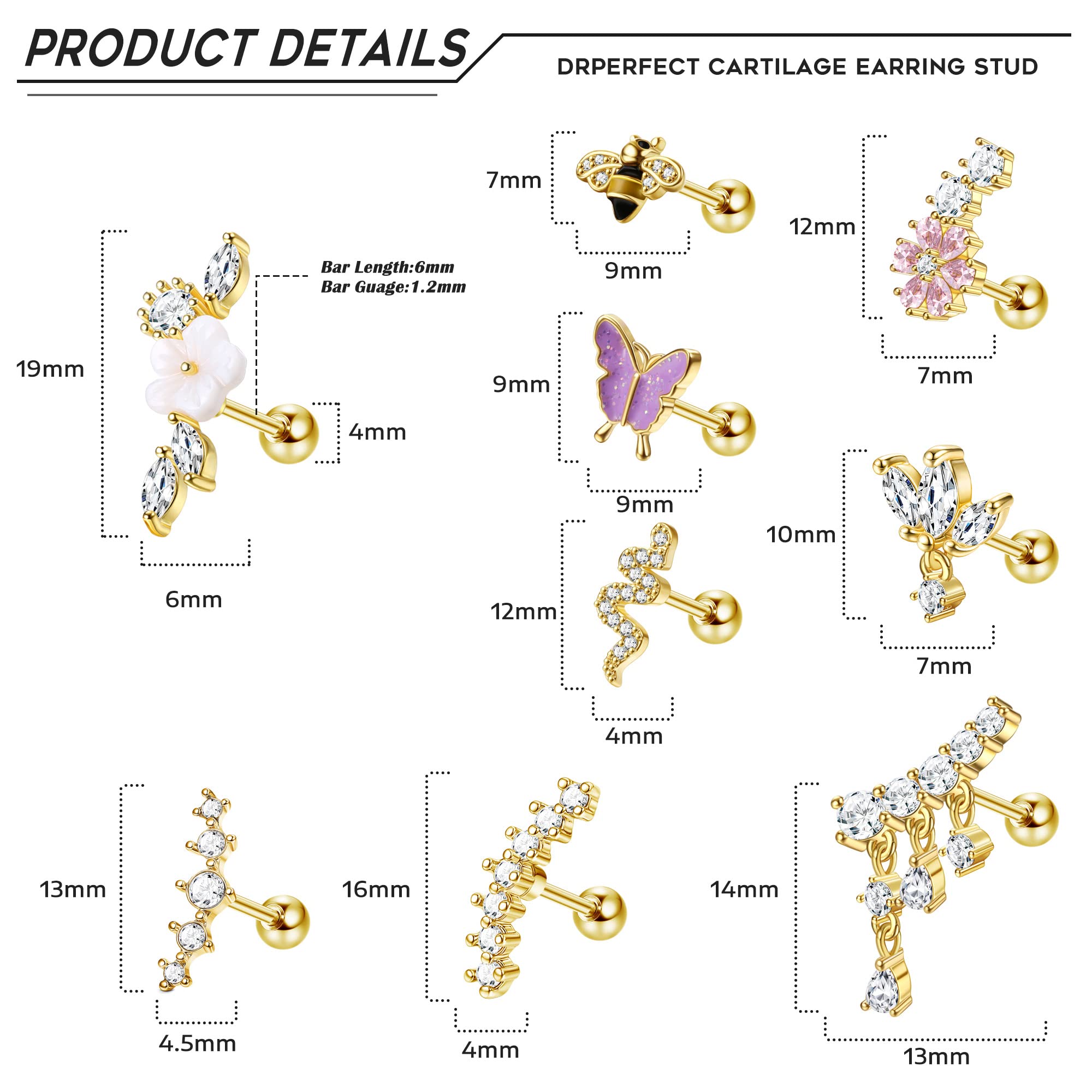 Kakonia 16G Stainless Steel Cartilage Earrings for Women - Silver, Gold, Rose Gold & Black Helix & Conch Stud Earrings | Hypoallergenic Piercing Jewelry for Everyday Wear & Special Occasions