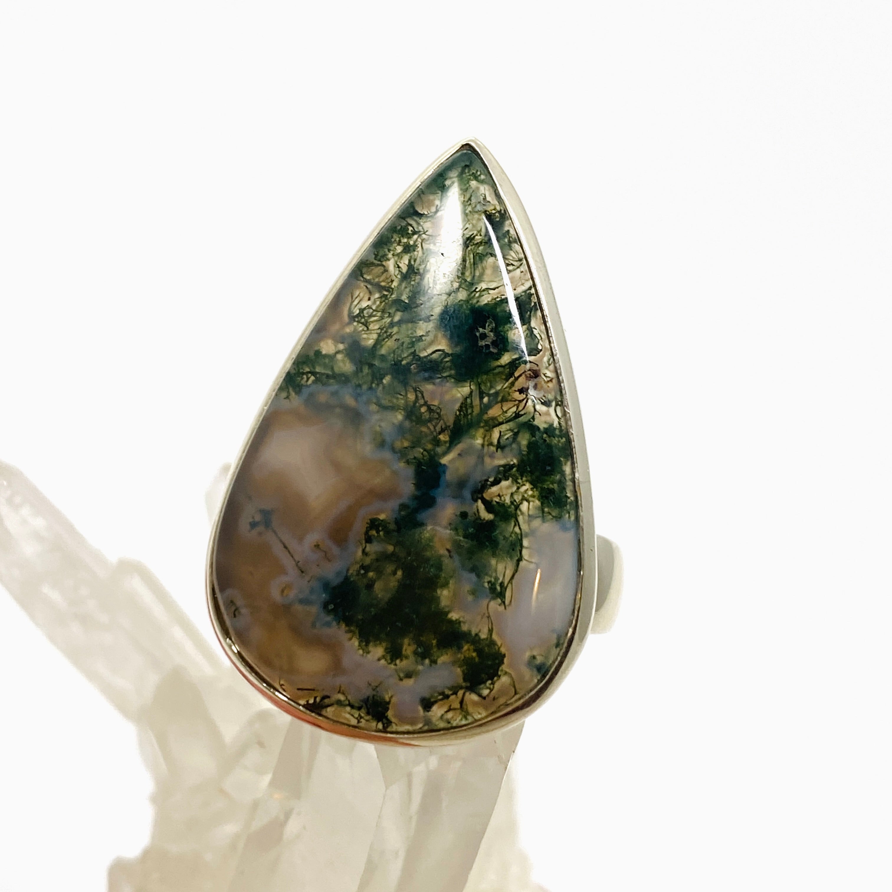 Natural Moss Agate Teardrop Cabochon Ring - Size 11 | Handmade Sterling Silver Jewelry for Women | Perfect for Boho Style, Wedding & Everyday Wear